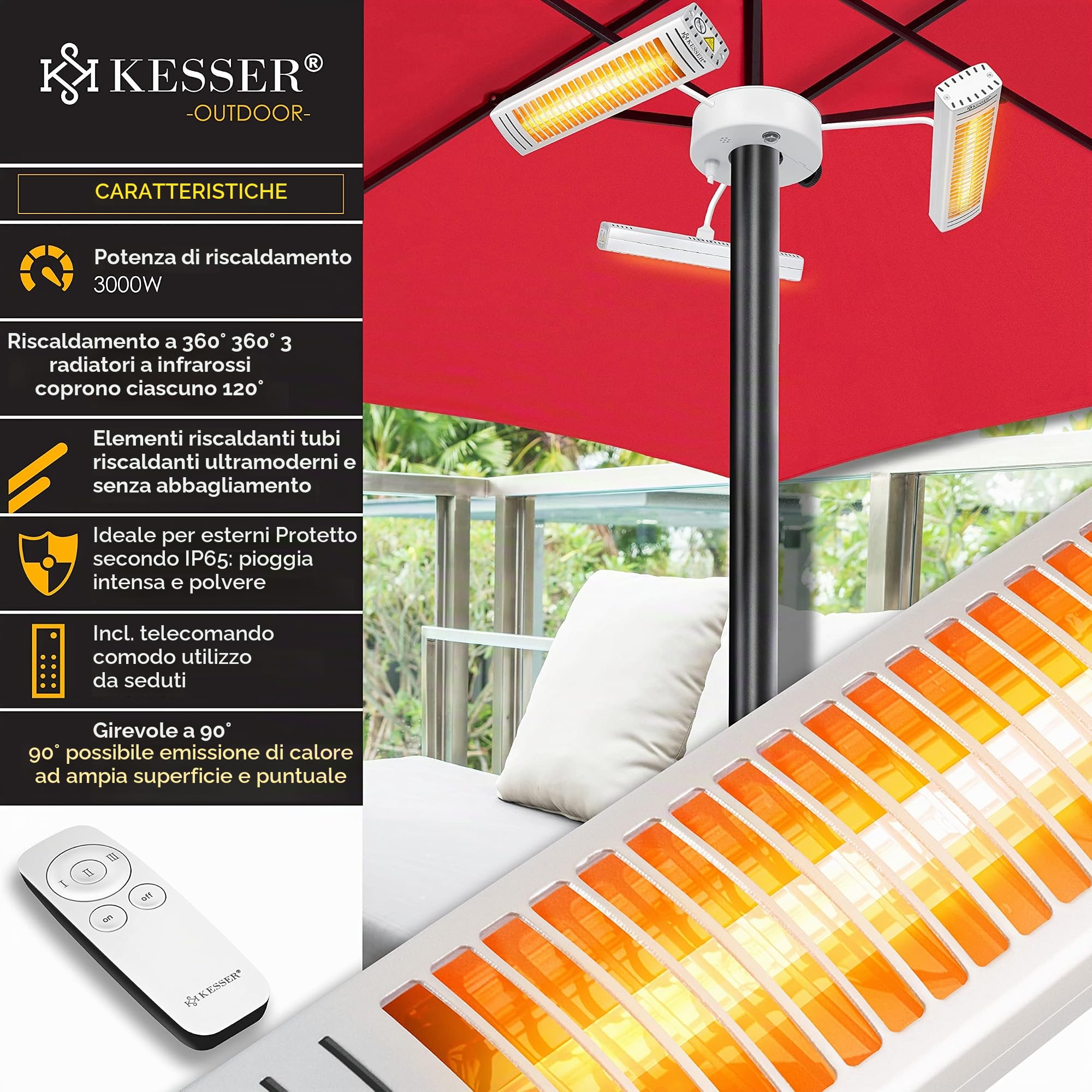 KESSER® Stufa radiante a infrarossi 3000W per terrazzo Riscaldatore a Ombrello al Quarzo per la ristorazione, Stufa radiante per Esterni a infrarossi con Telecomando | Altezza Regolabile, d'Argento