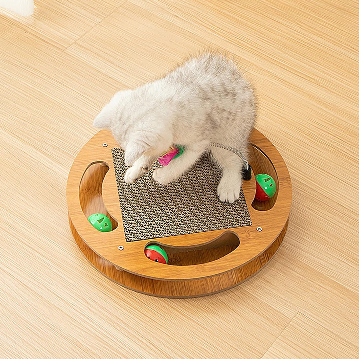 review Cat Scratching Board with 4 Cat Bell Balls Toys and Spring Mouse Toy, Cat Scratcher Pad for Indoor Cats, Cat Scratcher Cardboard, Durable, Cat Self Groomer, Stable and Non-Slip, Eco-Friendly Wood
