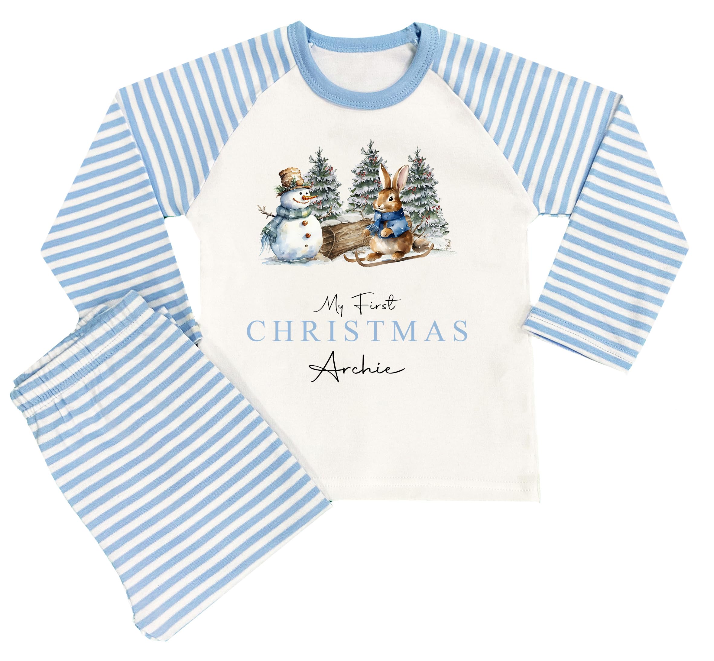 Personalised Boys First Christmas Pyjamas 1st Baby Xmas Pjs (Blue My 1st Xmas Bunny Snowman, 6-12 Months)