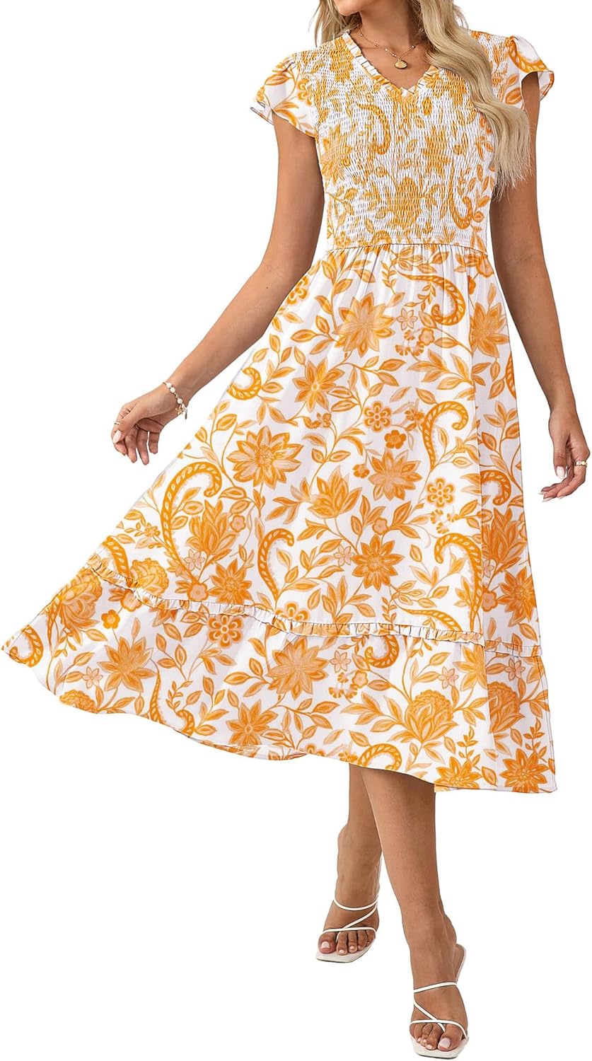 GRACE KARIN 2026 Summer Casual Dresses for Women,Flutter Short Sleeve Wedding Guest Dresses,V Neck Smocked Tiered Midi Dress