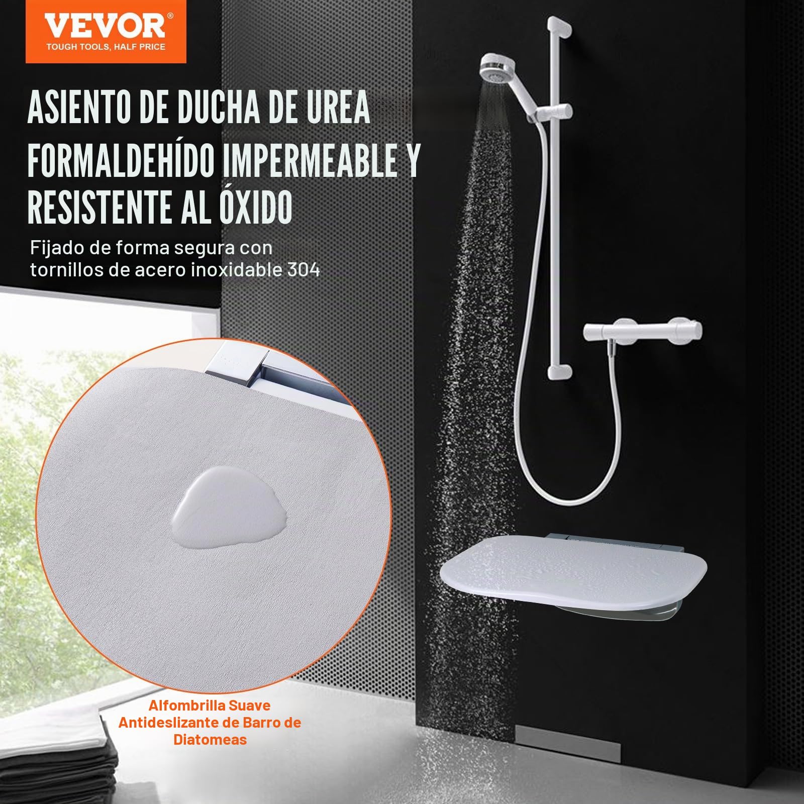 VEVOR Asiento de Ducha Plegable de Urea-formaldehído, 345 x 325 mm Desplegado, Montado en la Pared con Capacidad de Carga de 204 kg, Que Ahorra Espacio para Personas Mayores, Niños y Adultos, Blanco