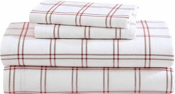Eddie Bauer- Twin XL Sheet Set, Cotton Flannel Bedding Set, Brushed for Extra Softness, Cozy Home Décor (Westridge Plaid Orange, Twin XL)