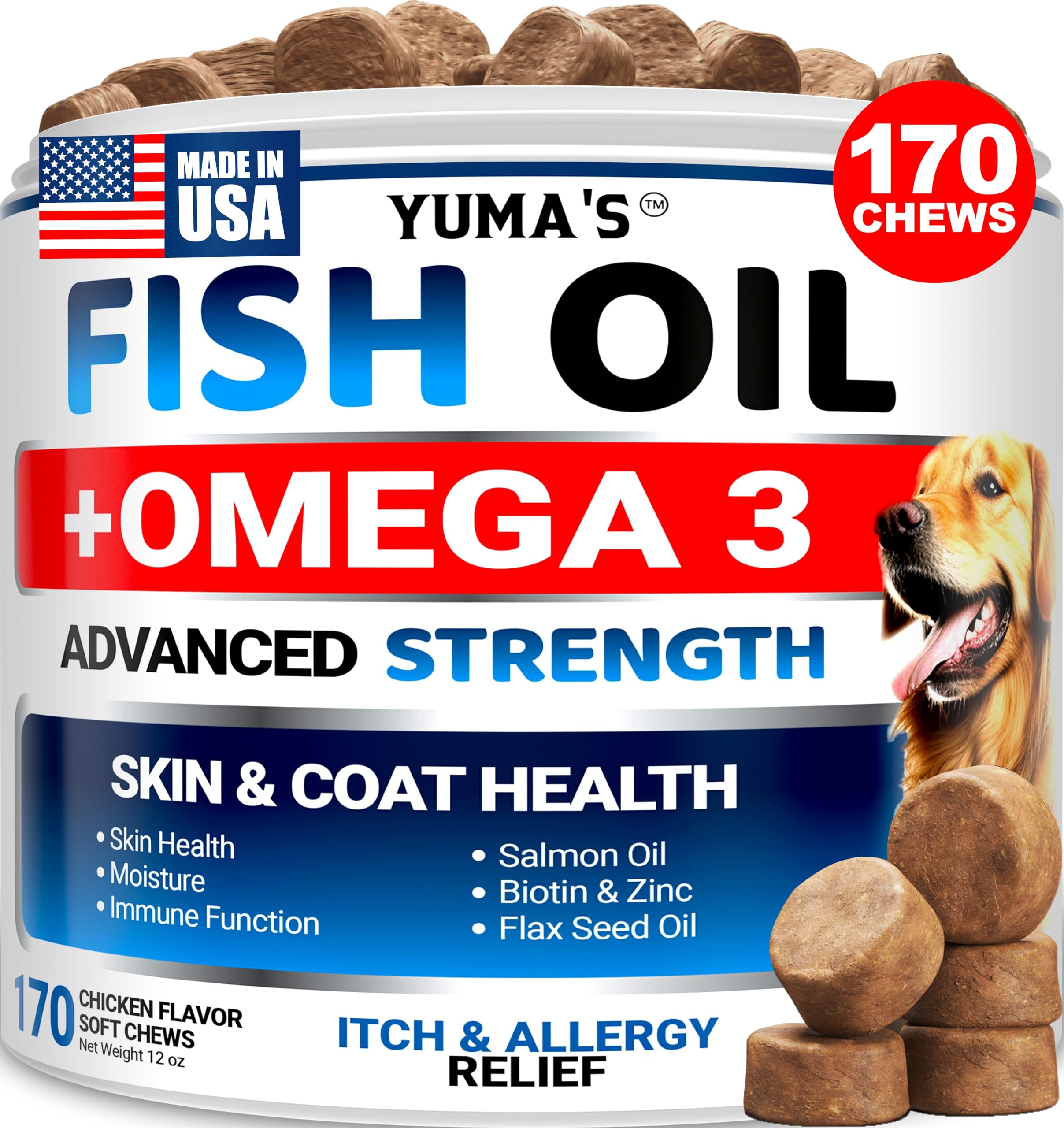 Omega 3 Fish Oil for Dogs - 170 Chews - Skin and Coat Supplement - Omega 3 for Dogs - Dry & Itchy Skin Relief Treatment - Allergy Support Dog Anti Shedding Treats - Salmon - EPA & DHA - Chicken Flavor