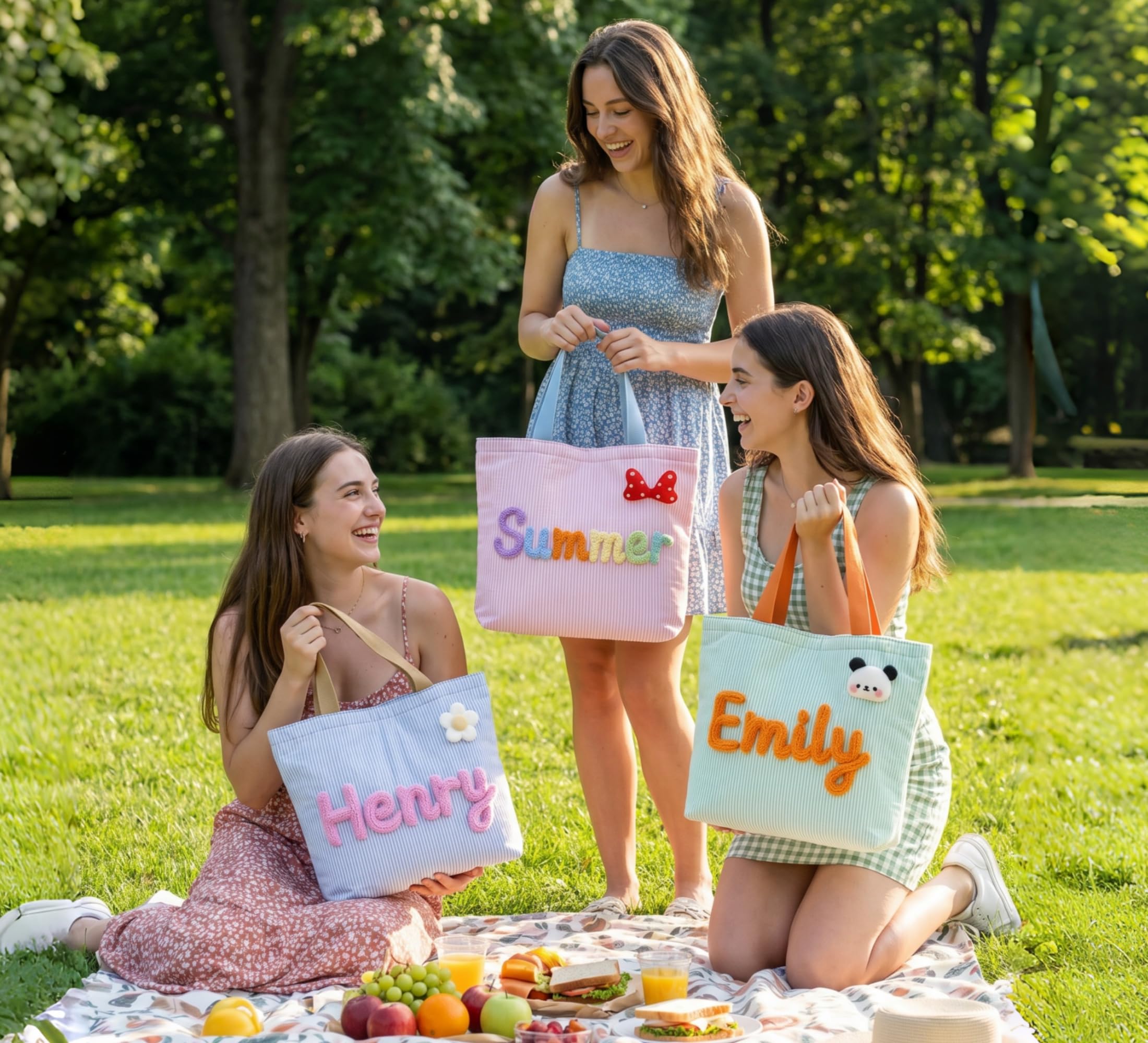 Personalized Striped Seersucker Tote Bag with Custom Embroidery