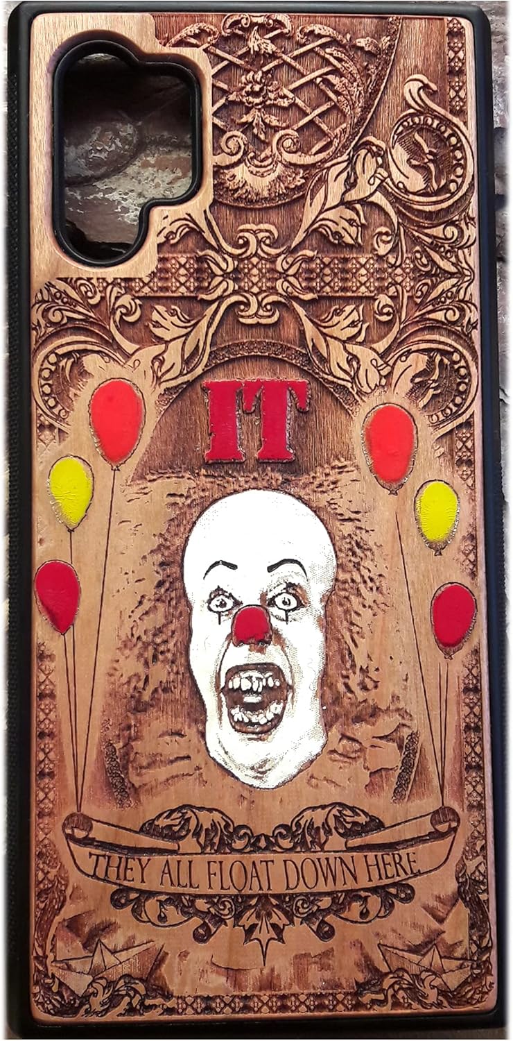 Hand-Painted IT Clown Laser Engraved Wood Case Fits iPhone 17, 16, 15 Pro Max Mini & Galaxy S26, S25, S24 Ultra Plus – Eco-Friendly, Slim, Durable Wooden Phone Cover