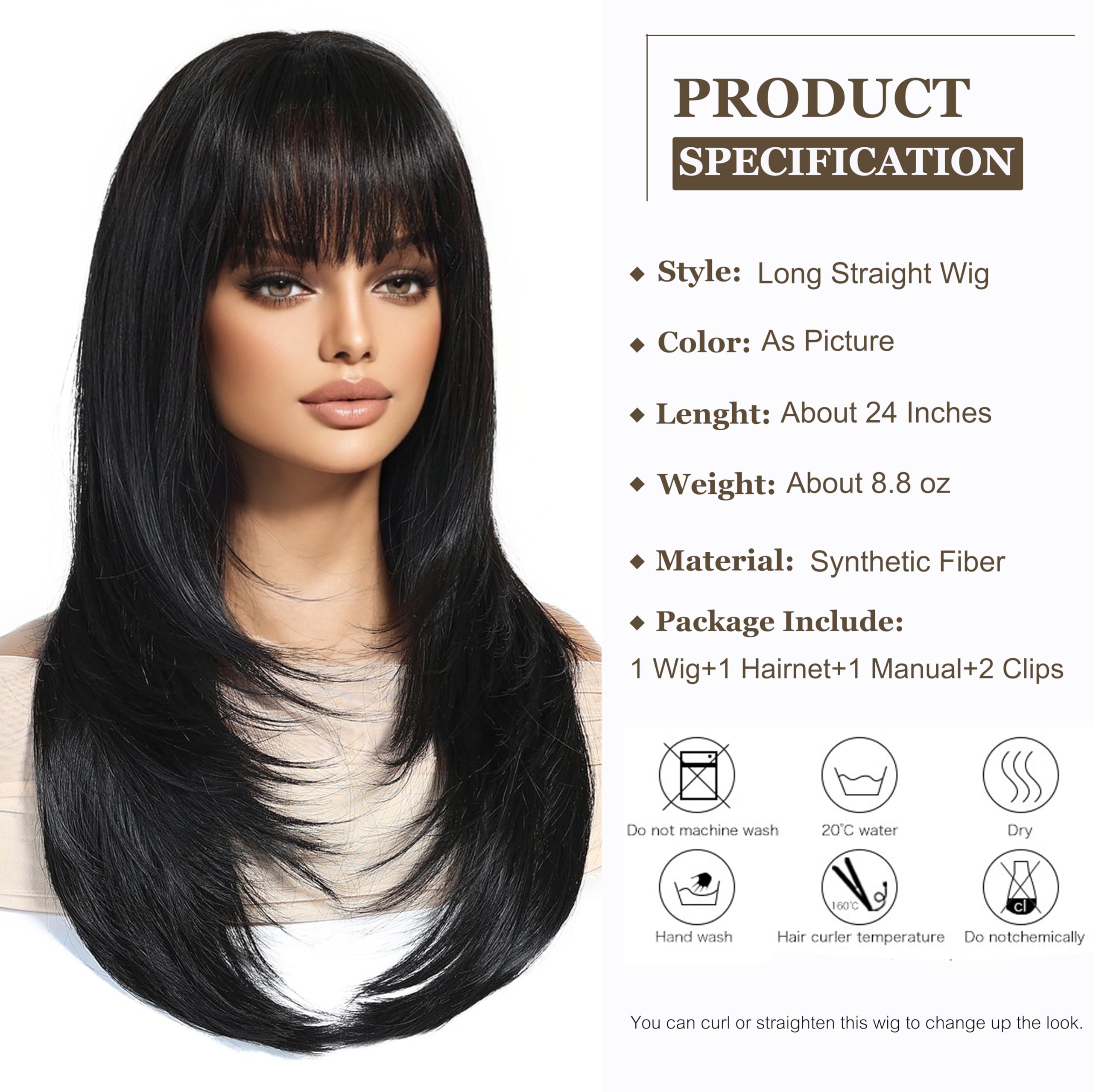 Esmee Long Straight Black Brown Wigs for Women with Fringe Natural Synthetic Hair Wig for Daily & Party Use - Image 2