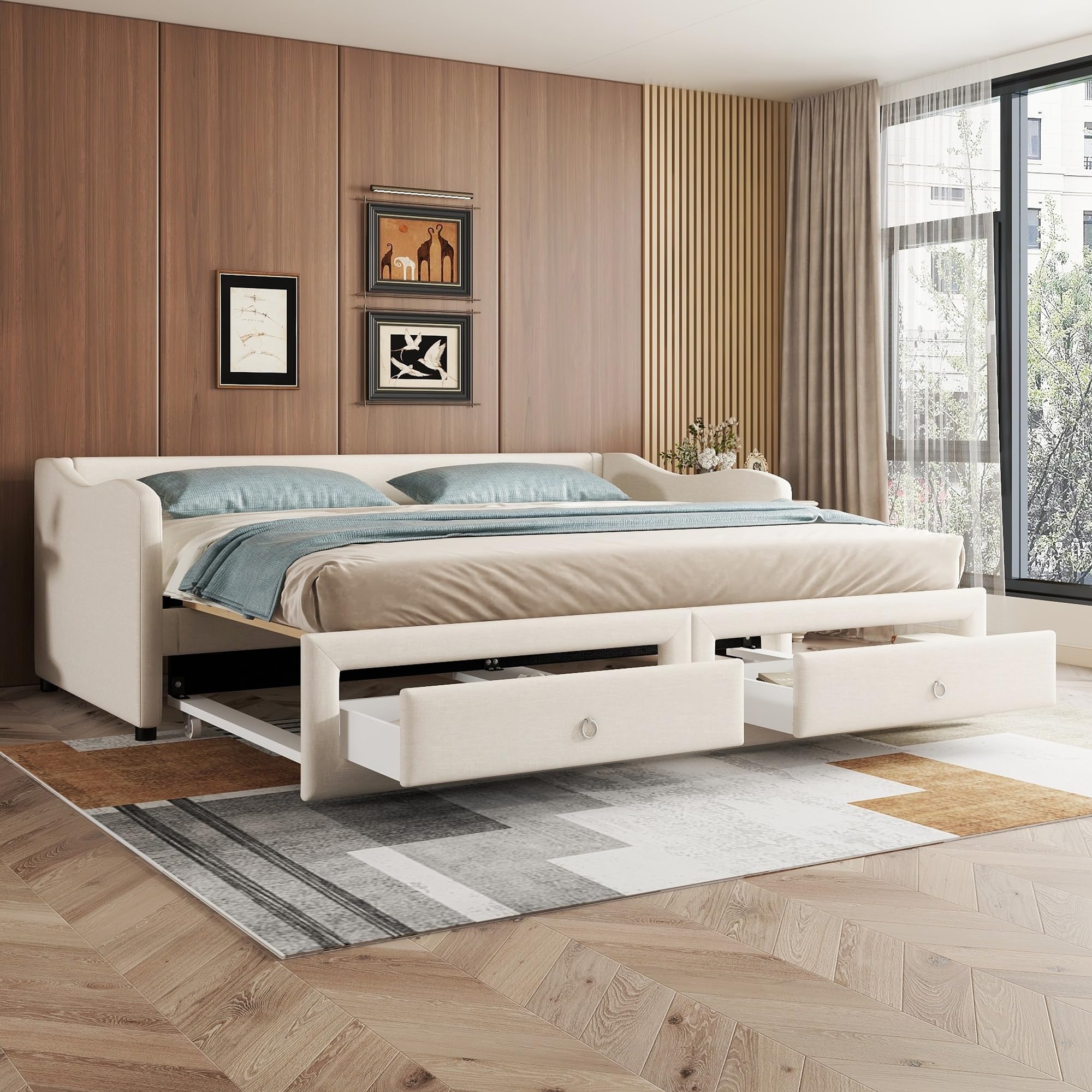 Lcoho Daybettt, Tagesbett mit ausziehbarem Bett, Schlafsofa mit Zwei Schubkästen, Einzelbett(Ohne Matratze), Leinen, Minimalistisches Styling (Beige)