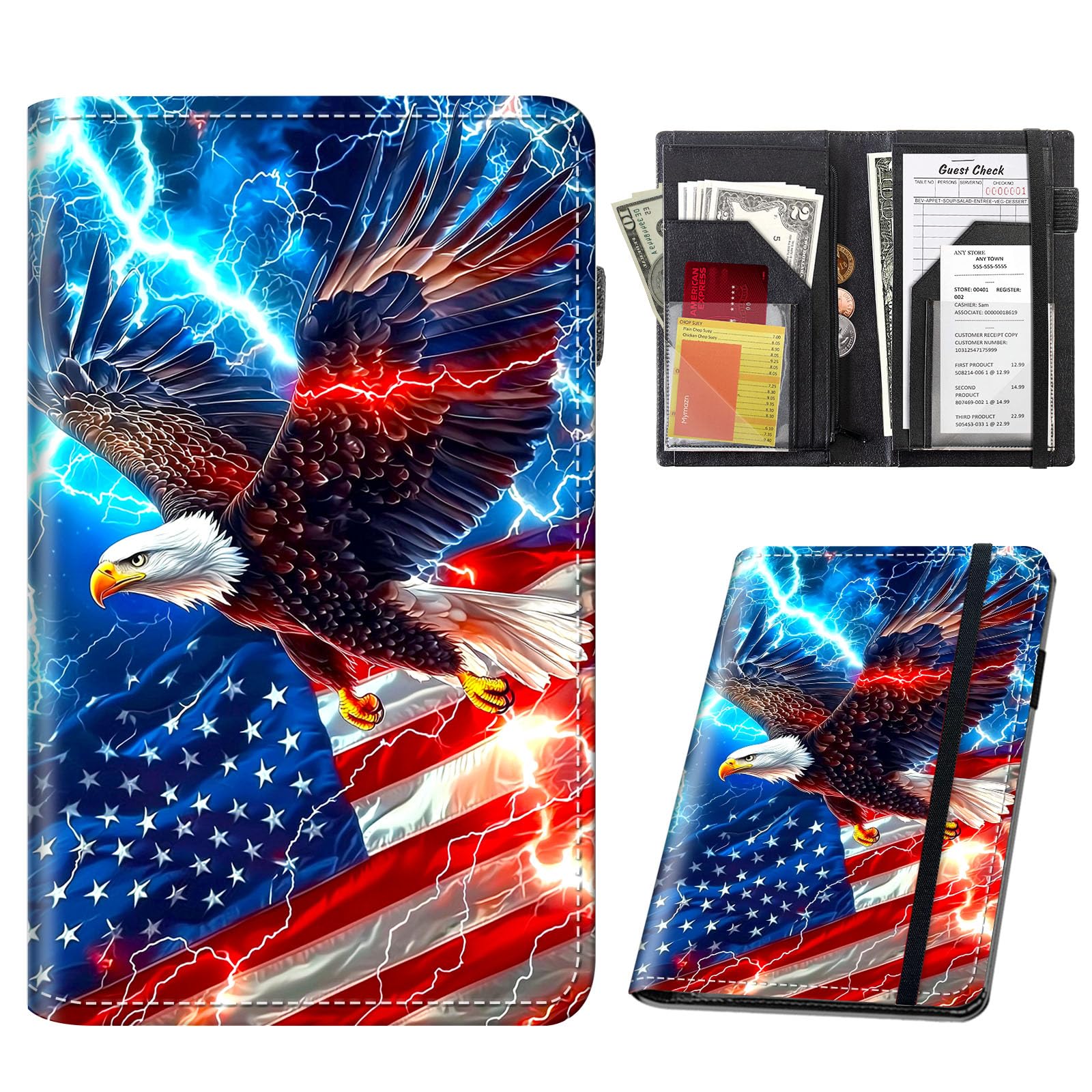 ETLKJVBL Stylish Server Books for Waitress - Premium Leather Waiter Book, American Flag Eagle Practical Waitstaff Organizer with Card Slots, Perfectly Fit Server Apron