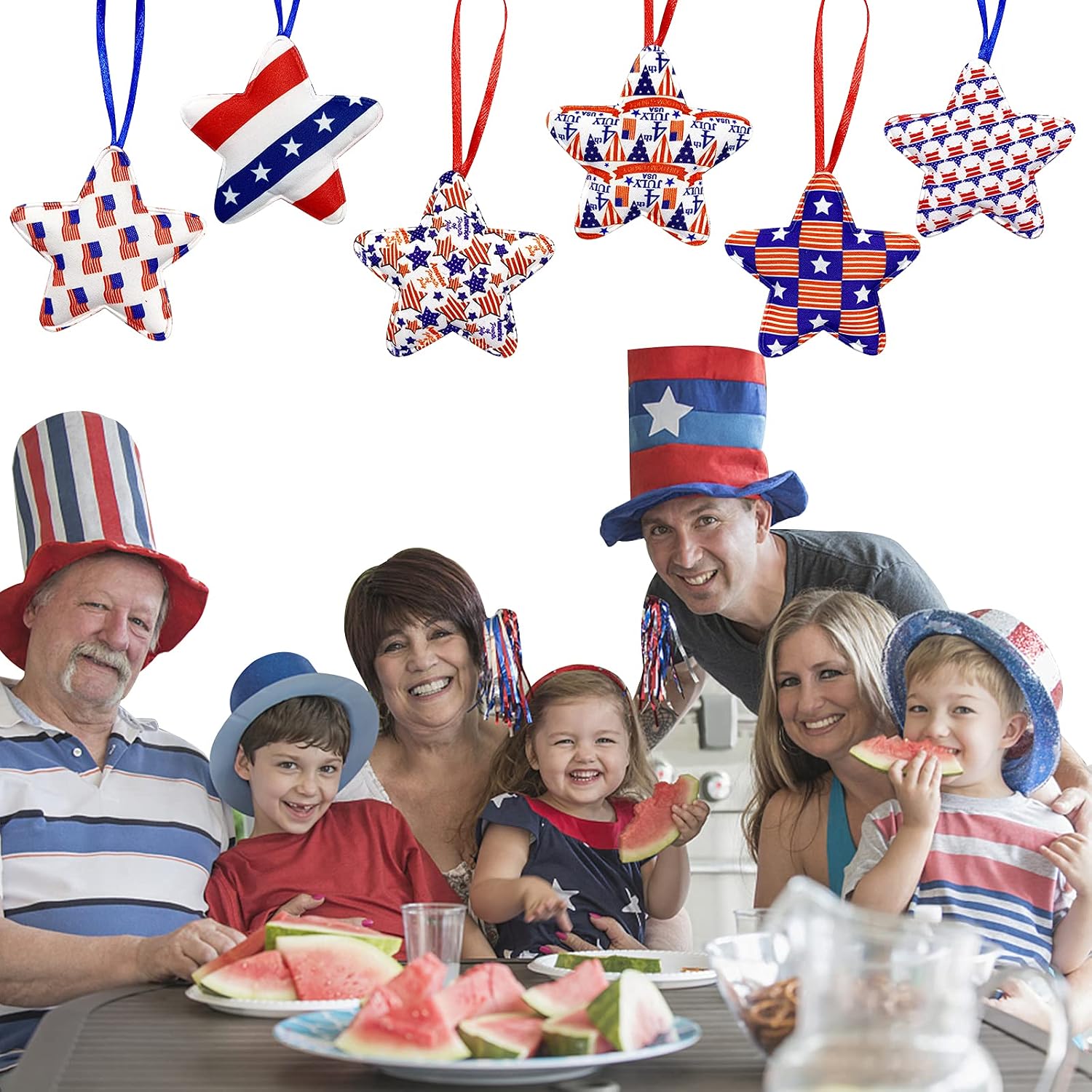 Deloky 30 Pcs 4th of July Decoration Fabric Wrapped Stars, 2.7 x 5.3 Inch Patriotic Ornaments Red White and Blue Stars, Memorial Day Tree Decorations for Independence Day Veterans Day Decor