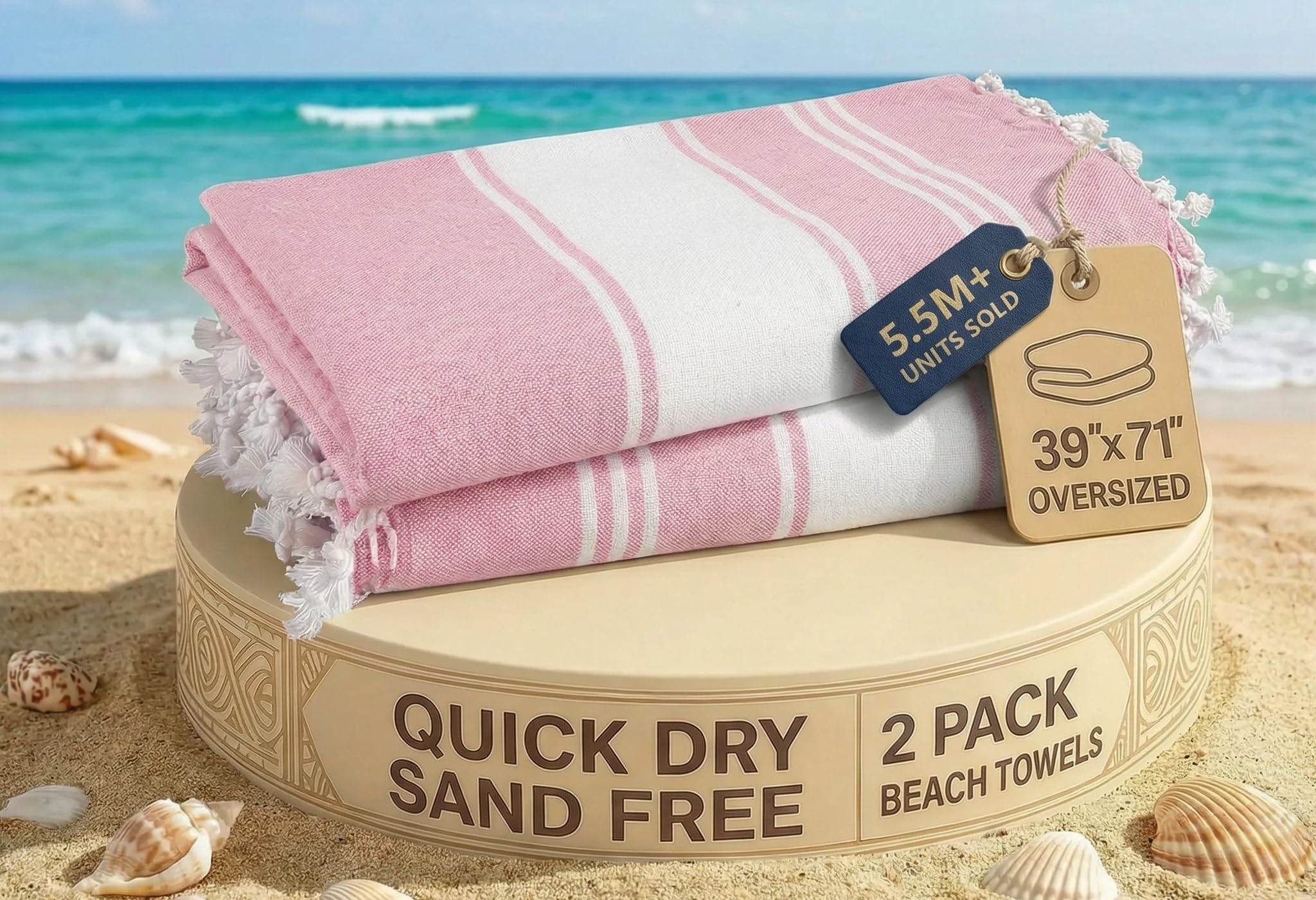 Lane Linen Candy Pink Turkish Beach Towels, 2 Pack Extra Large Beach Towel, Pre-Washed For Soft Feel, Cotton Rich Oversized Sand Free Quick-Dry Pool Towel, Beach Towels For Adults, 39"X71"