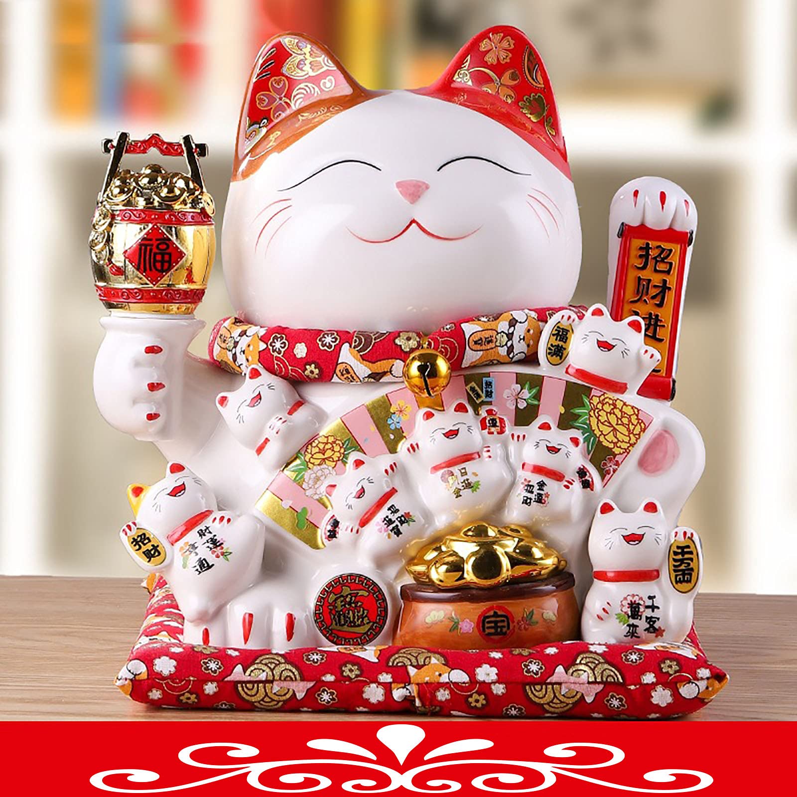 Luminescentdream O Maneki Nek,Lucky Fortune Cat,11" Beckoning Ceramic Maneki Nek,Large Lucky Cat,Japanese Lucky Cat Chinese Feng Shui Deoration Automatic Swing Arm,For Shops,Restaurants,Living Room