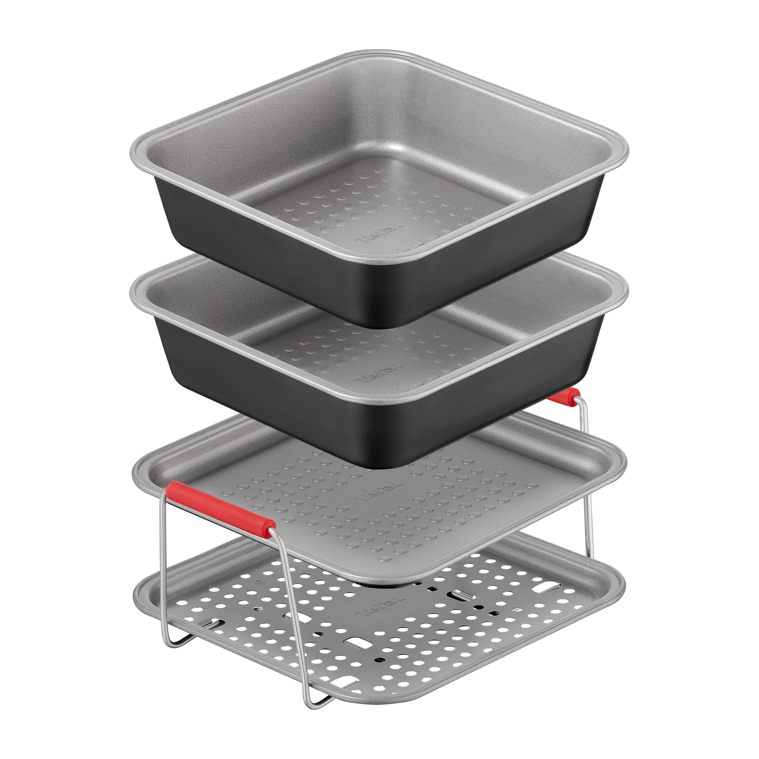 Tefal Dail'Easy 4-tlg. Heißluftfritteusen Accessoires Set, Lochblech-Tablett, Backblech, 2x Quadratische Brat- & Auflaufform, ergonomische Griffe, Antihaftbeschichtet, J701S444