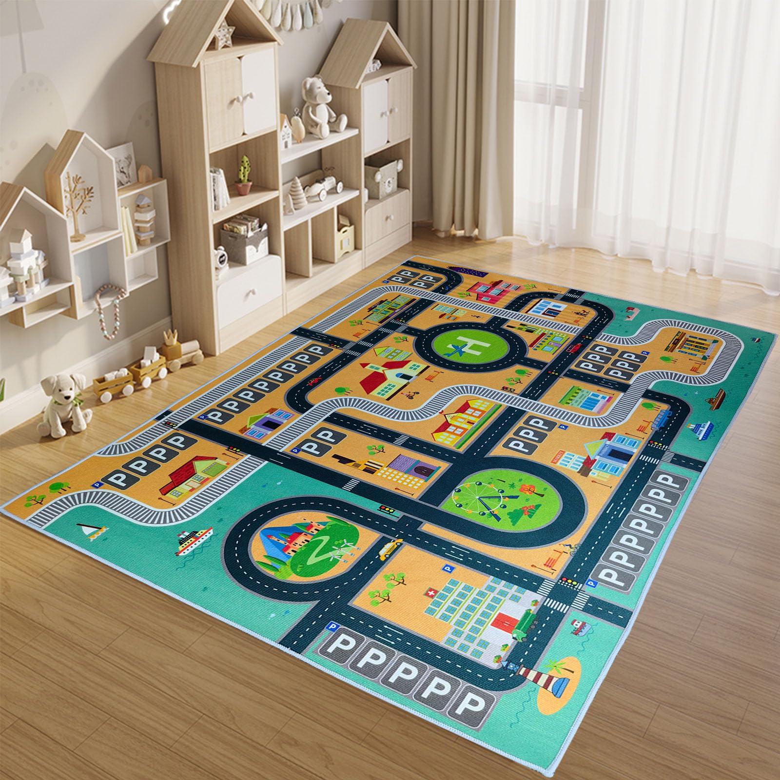 HOJOMACA Kids Rug Mat Carpet, Educational Kids Play Rug Mat - Non-Slip Floor Carpet for Playroom & Bedroom, Toy Car Track Design, Washable Area Rug for Toddlers(Neighborhood,32×47inch)