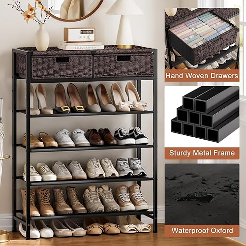 Miniatura 5 de Zapatero, organizador de almacenamiento de zapatos de 5 niveles con 2 cajones tejidos a mano, estante de zapatos de metal para 16-20 pares de