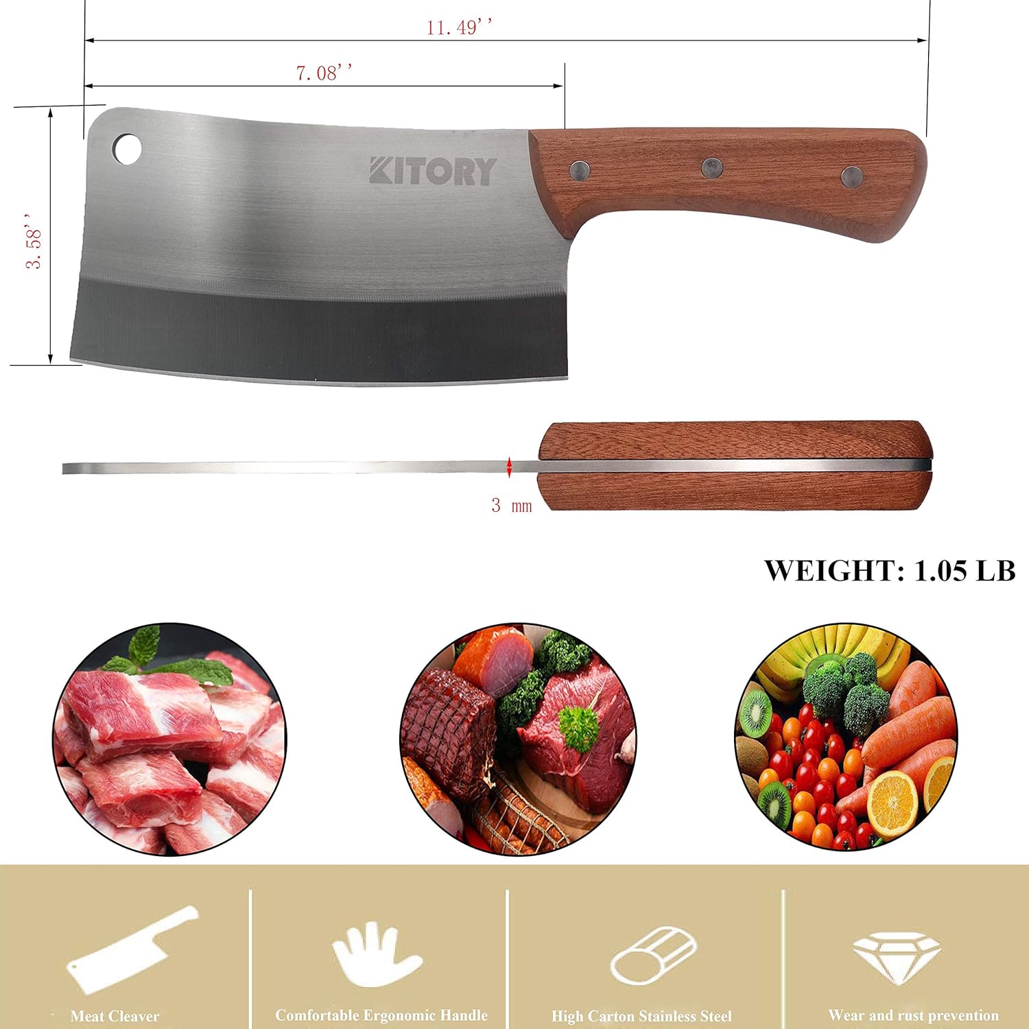 Kitory Meat Cleaver 7'' Heavy Duty Chopper Butcher Knife Bone Cutter Chinese Kitchen Chef’s Chopping Knife for Meat, Bone- Full Tang 7CR17MOV High Carbon Stainless Steel, 2025 Gifts