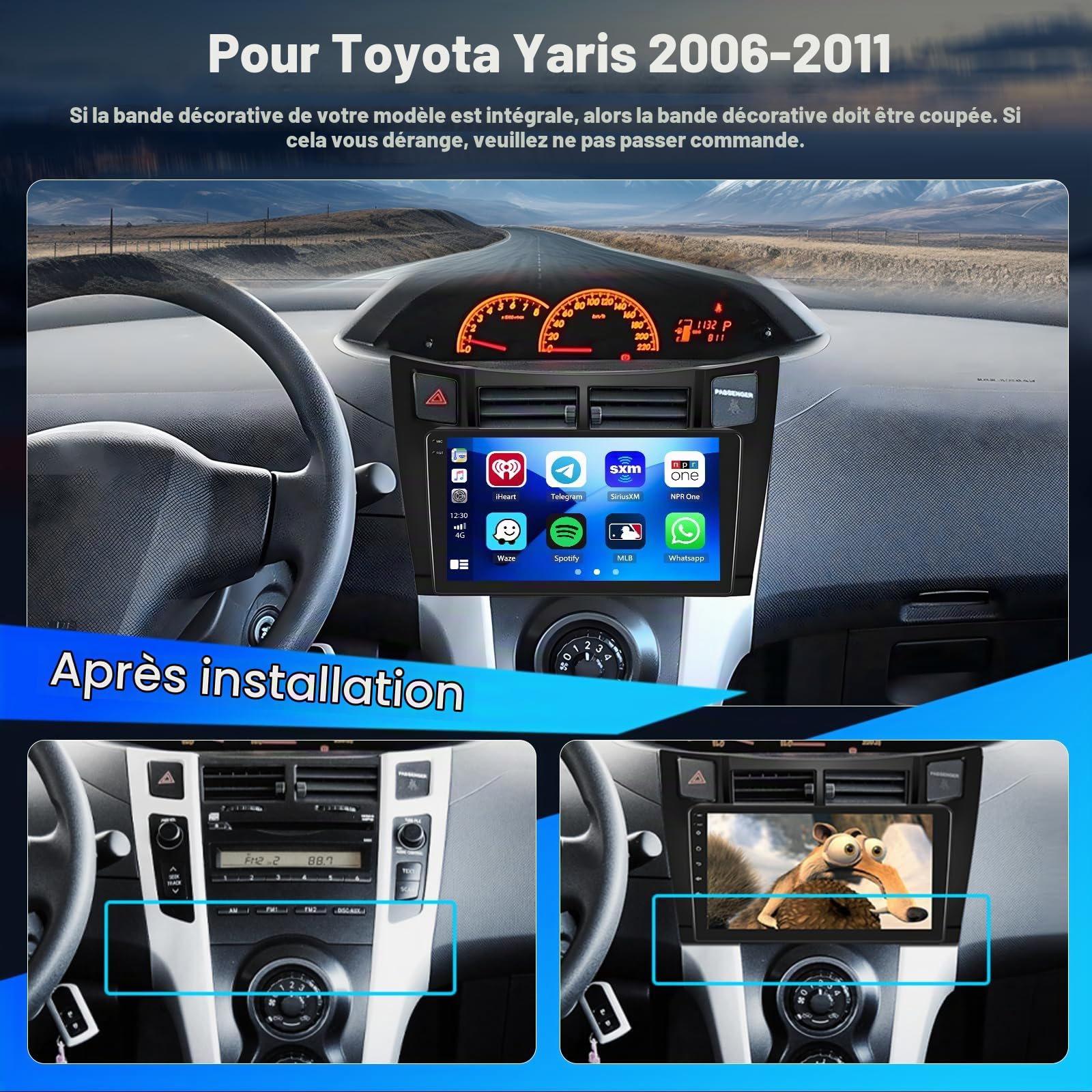 4+128G Autoradio avec CarPlay Android Auto pour Toyota Yaris 2006-2011