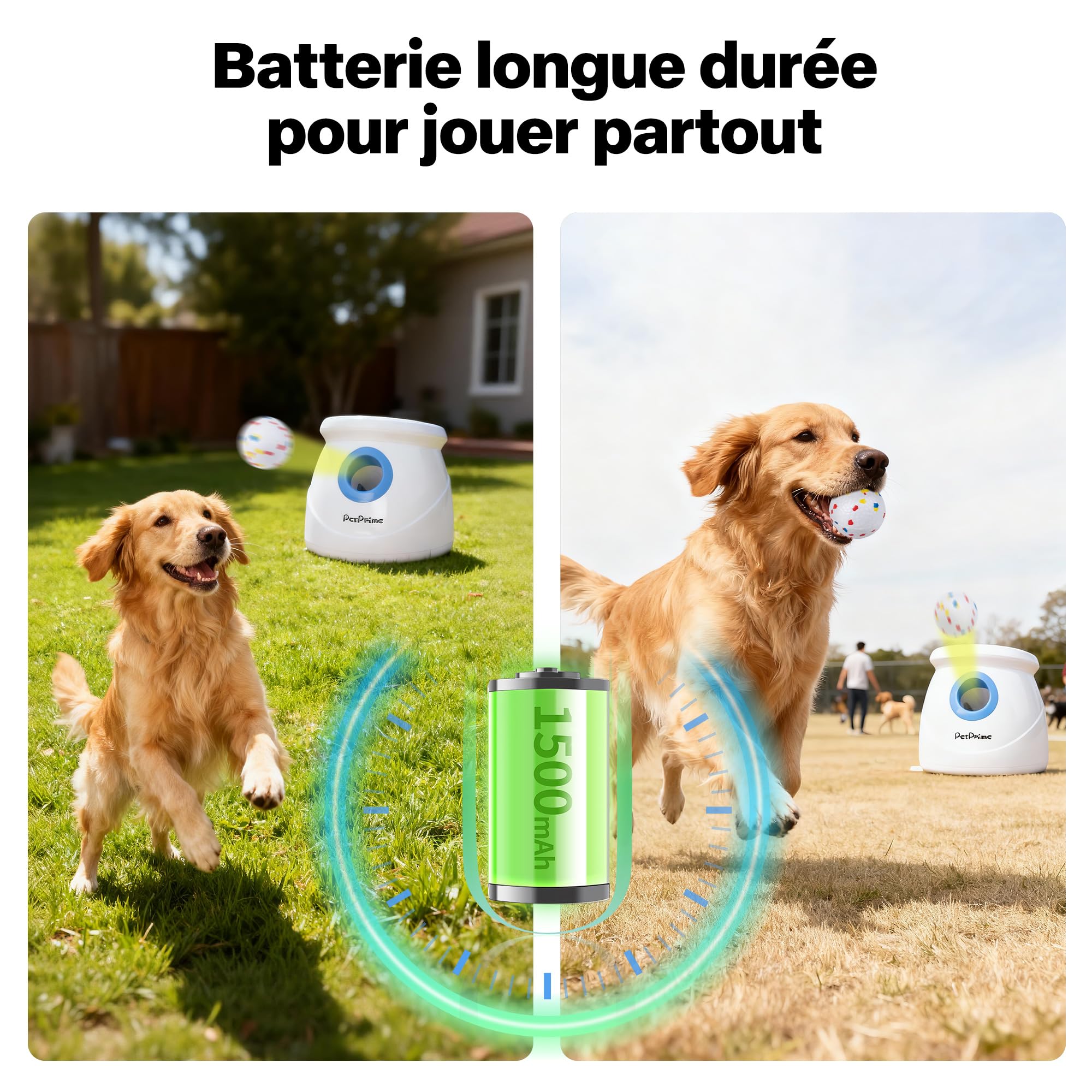 Pet Prime Lanceur de balles Automatique pour Grands Chiens – 6 balles E-TPU 6,35 cm + sifflet – Portée réglable de 3 à 20 m (3 Niveaux de tir) – Batterie Rechargeable – Jouet interactif