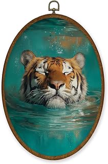 WULQYING Boho Funny Tiger Wall Art Decor, Fantastic Wild Animal Oval Framed Canvas Art Prints, Whimsical Tiger Sleeping in Water Wall Hanging Decor for Home Bedroom Living Room, 8.6x11.4 Inches