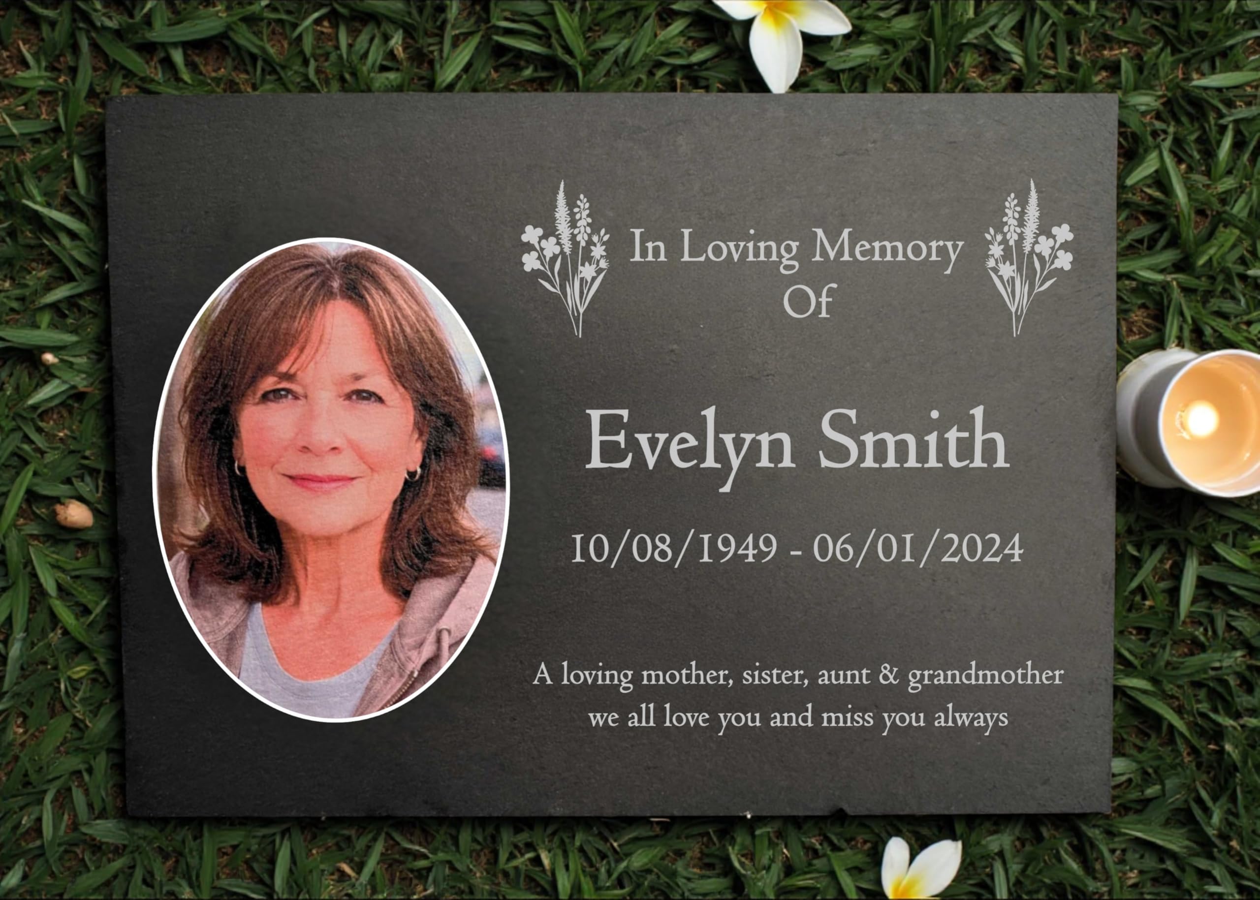 Photo Slate Memorial Plaque, Wildflowers, Add a Portrait & Personalised Text | 35×25cm (14×10”)