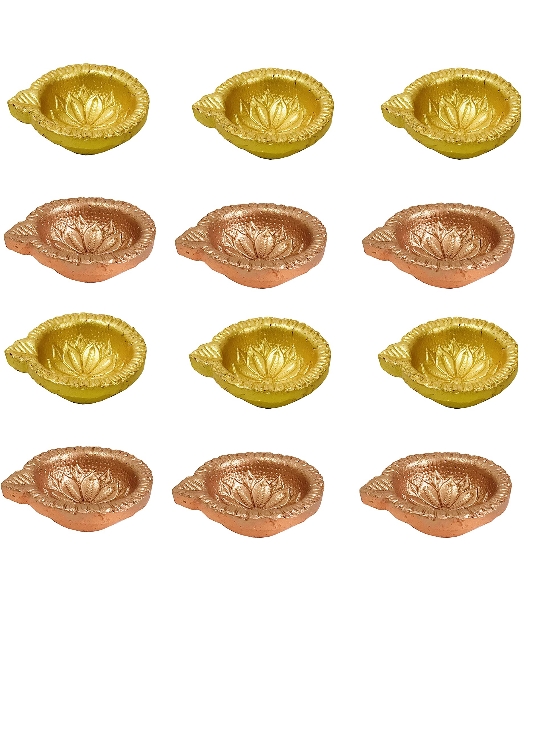Gold and Brown Clay Diya Diwali Diya Navratri Pooja Jyot Dia with Cotton Wicks for Puja Clay Diyas for Diwali Decor Puja Items Multi Dia- 2.1 inch Pack of 12