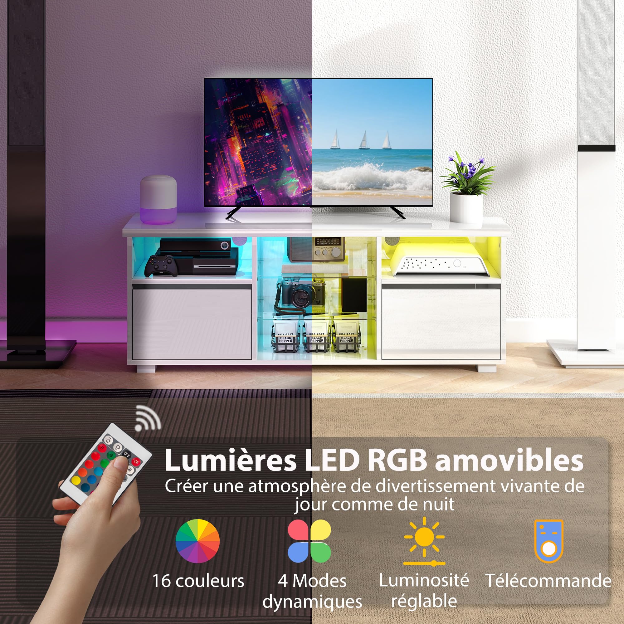 HOMCOM Meuble TV 120 cm Meuble Télé LED TV pour Téléviseur 55 Pouces Blanc