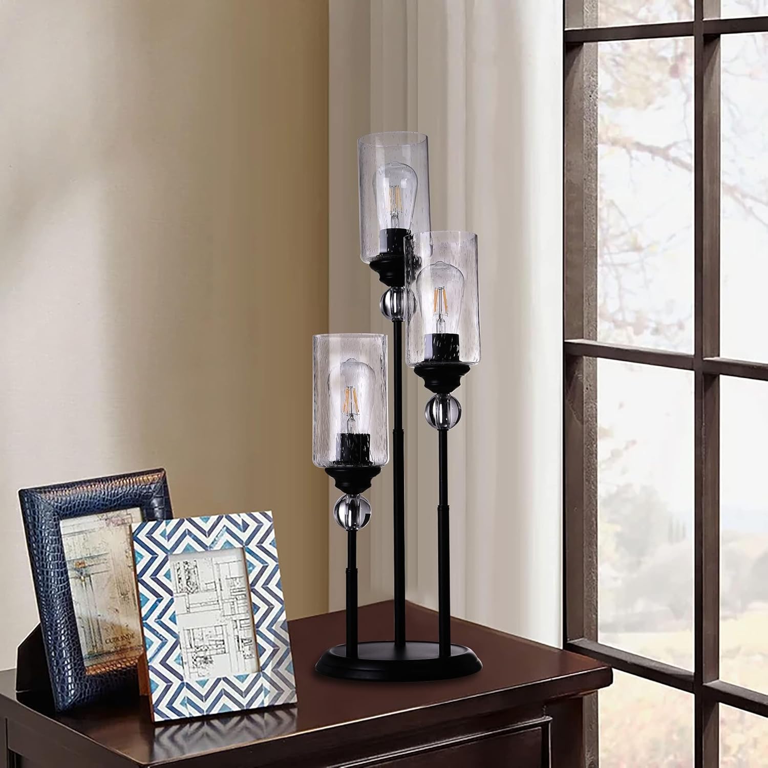 TOCHIC 3-Lights Table Lamp with Glass Lampshades, Black Modern Nightstand Lamp, Rustic Farmhouse Bedside Lamps for Livingroom, Bedroom, Reading Room, Office, H-28.8in