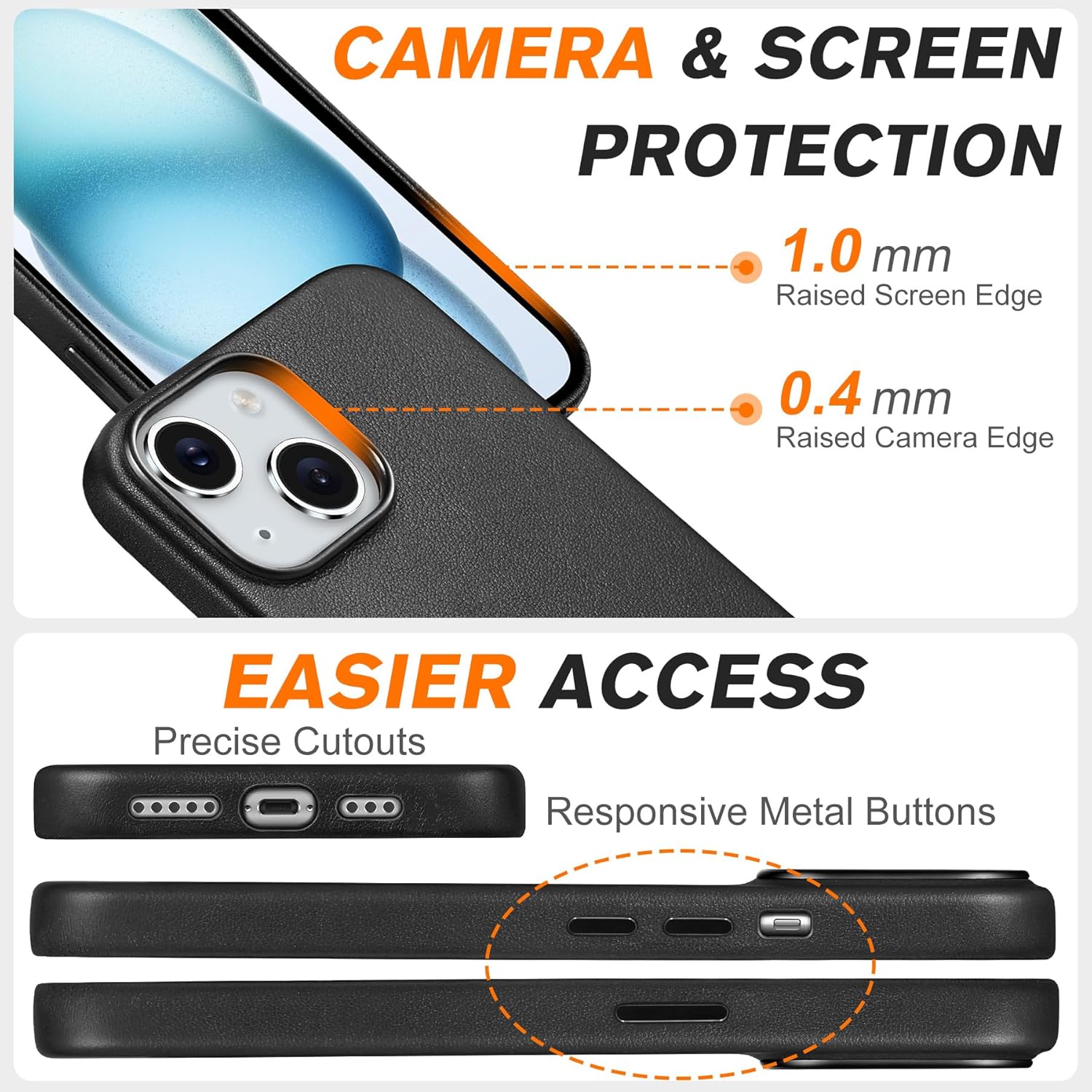 SHIELDON Case for iPhone 15 6.1", Genuine Leather Magnetic Wireless Charging Slim Fit Elegant Non-Slip Shockproof Protective Phone Case Cover with Metal Buttons Compatible with iPhone 15 2023 - Black