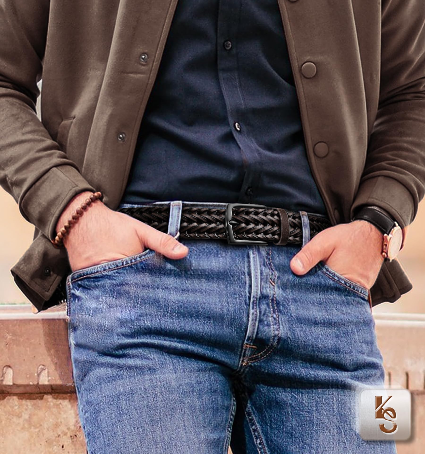 KEMISANT Ceinture tressée confortable pour homme décontracté jean golf 3,5 cm