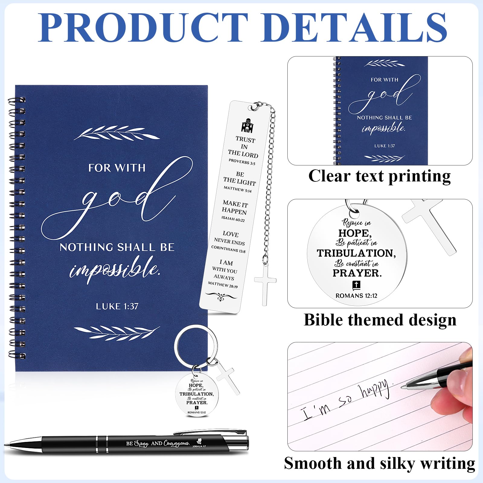 HAOWANWW 4Sets Christian Religious Gift with Christian Spiral Notebook Journal Inspirational Bible Verse Ballpoint Pen Keychain Religious Scripture Bookmarks for Women Men Sunday School Church - Image 3