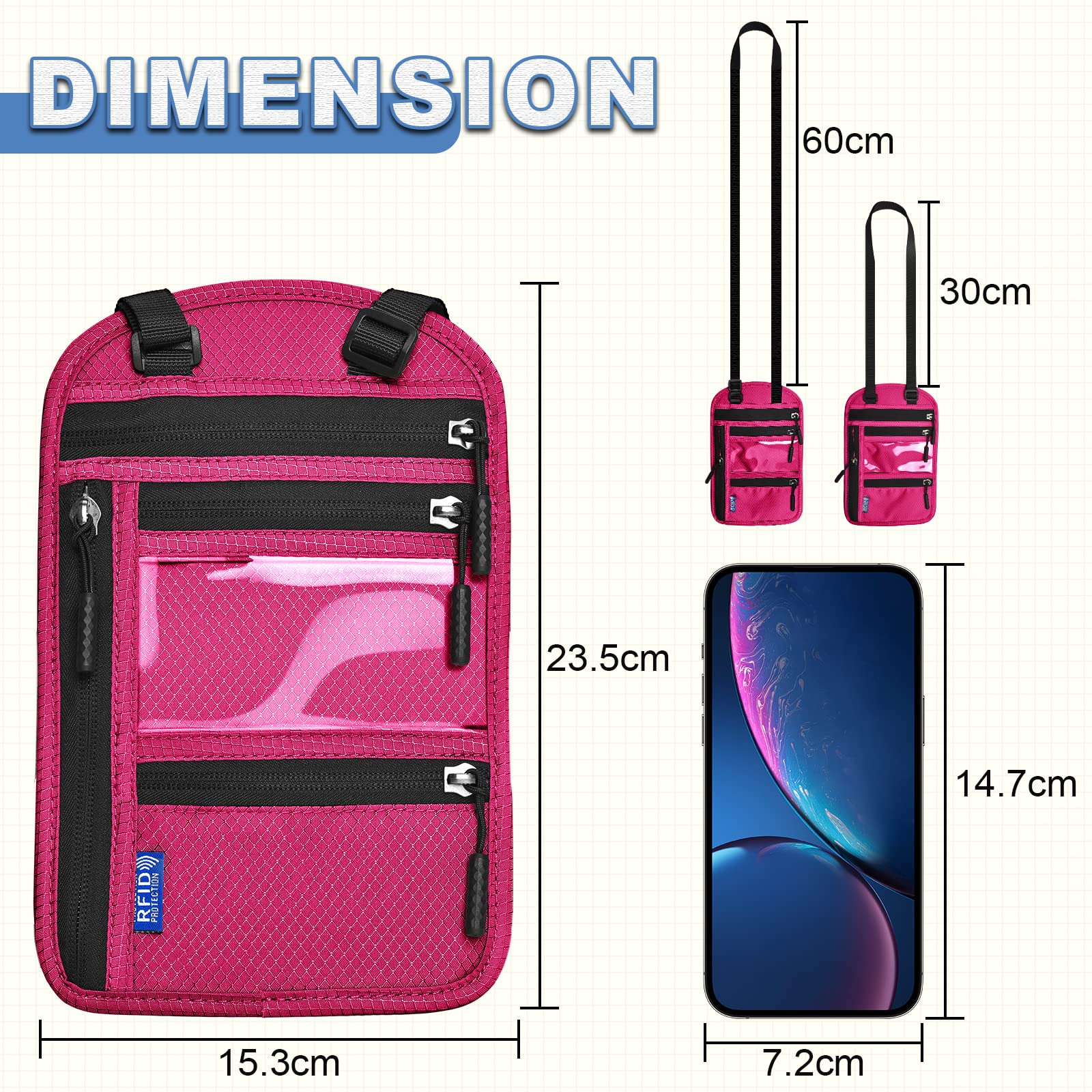 Yordawn Portadocumenti da Collo Borsello da Viaggio con Blocco RFID Porta Passaporto con Tracolla Regolabile per Uomo Donna Impermeabile Portafoglio da Сollo per Carte Passaporto (Rosso Rosa)