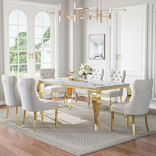 Vista 26 de Juego de mesa de comedor de mármol para mesa de cocina de mármol sintético blanco de 6,70 pulgadas y sillas de terciopelo para 6,7 piezas de mesa