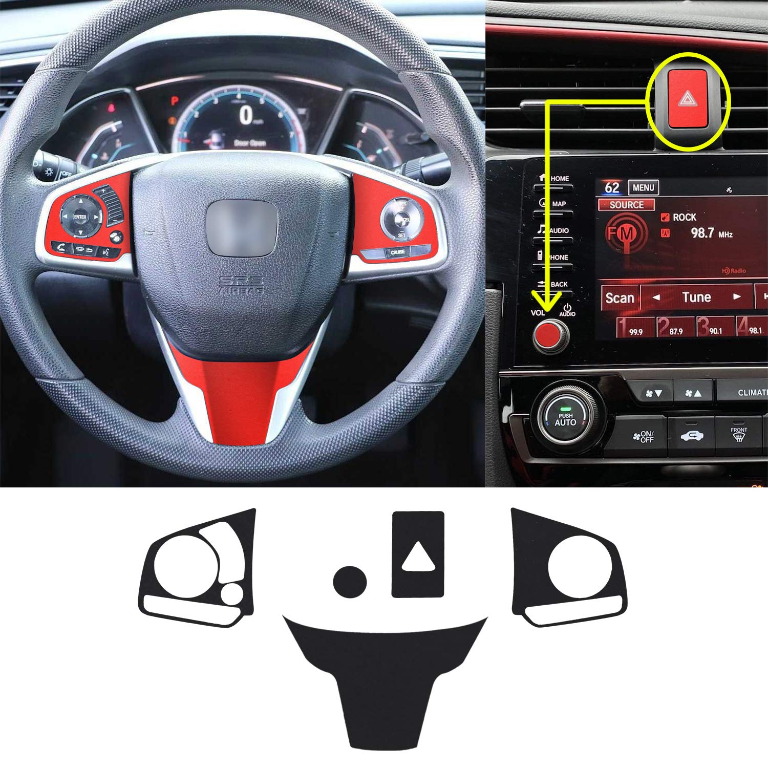 Gomu Interior Steering Wheel Hazard Button and Radio Vinyl Decal Sticker Trim Overlay Compatible with Honda Civic 2016 2017 2018 2019 2020 - Matte Orange