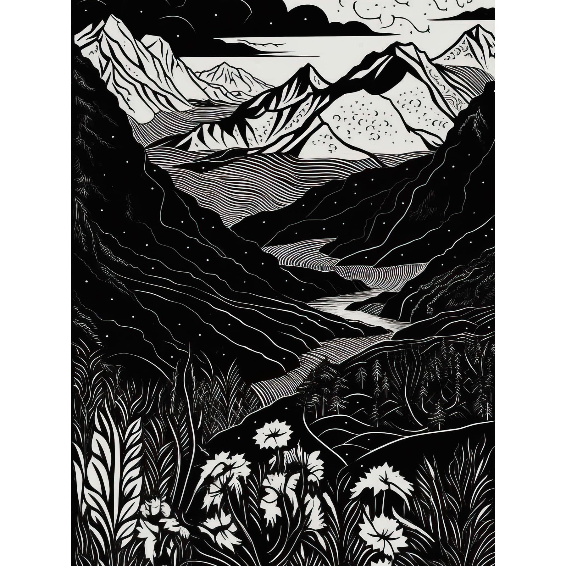 Artery8 Wildflowers in Spring Mountain Landscape Linocut Extra Large XL Wall Art Poster Print