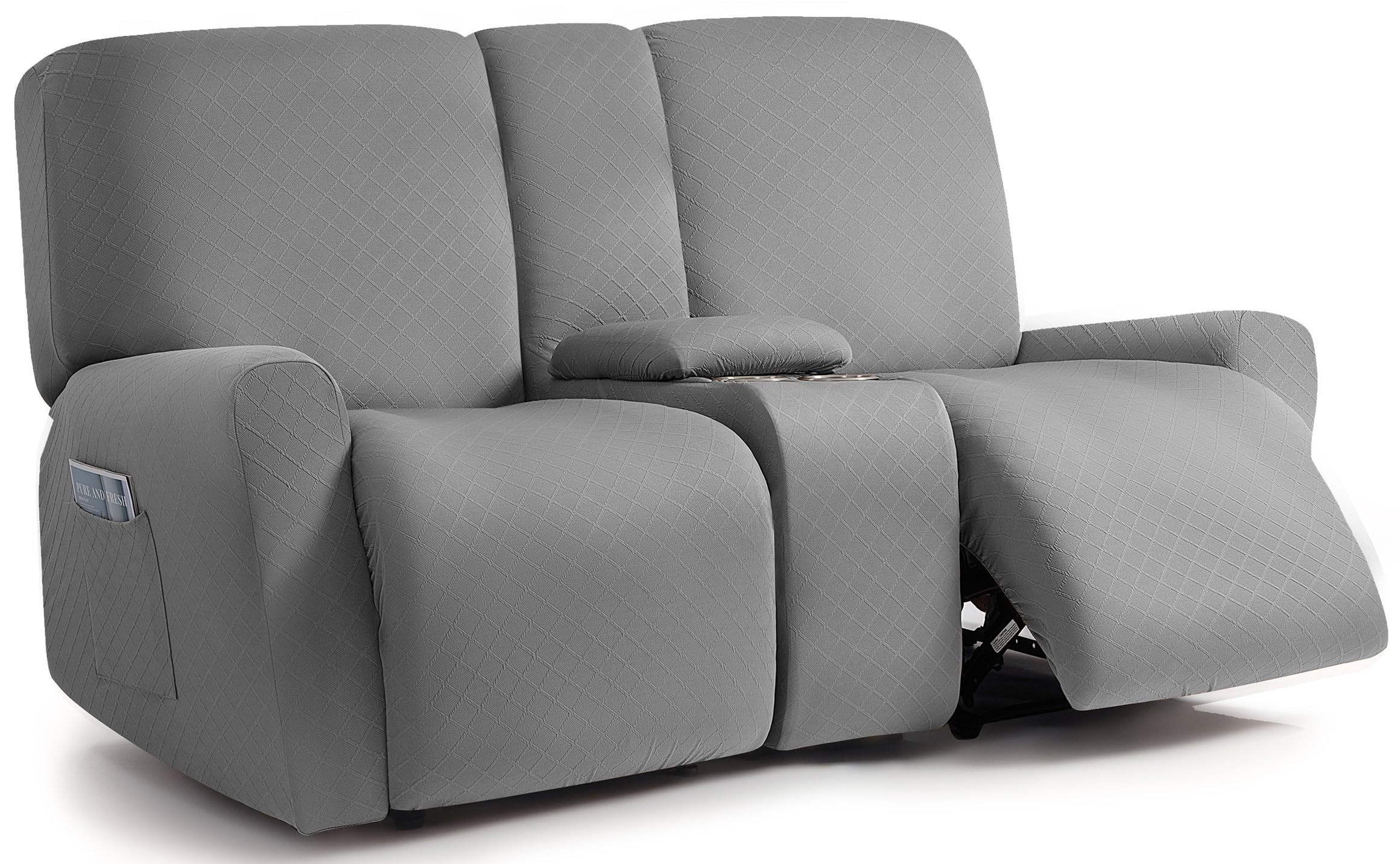 ULTICOR Squared Jacquard Design Reclining Loveseat with Middle Console Slipcover, 8-Piece Stretch Sofa Covers, 2 seat Loveseat Recliner Cover (Loveseat with Console Recliner Cover, Light Grey)