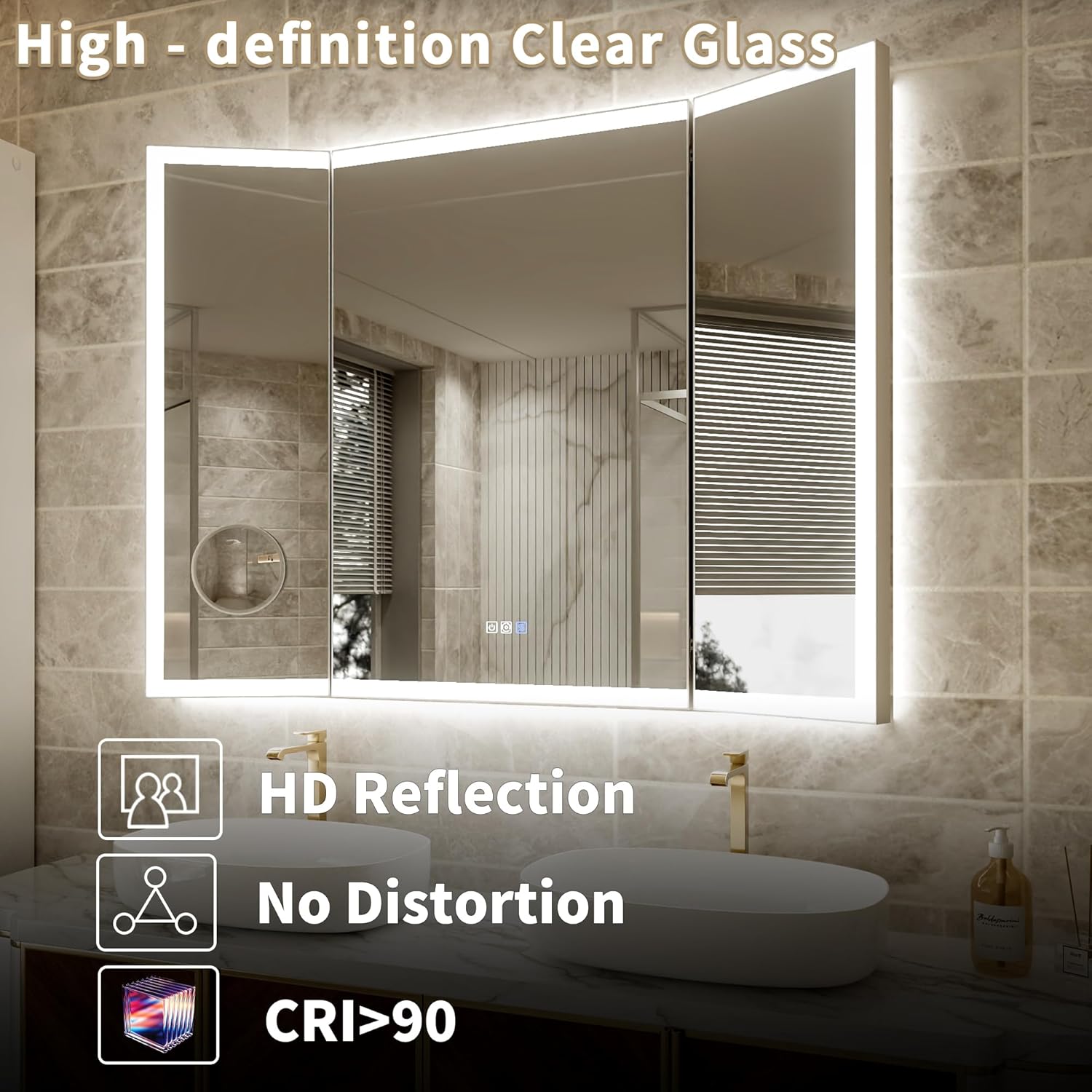 48x36 Trifold Bathroom Mirror 180° LED Makeup Mirror with Lights, 3 Way Bathroom Mirror with Magnetic Magnifier, Front & Backlit, Stepless Dimming, Adjustable LED Light, Anti-Fog for Bathroom