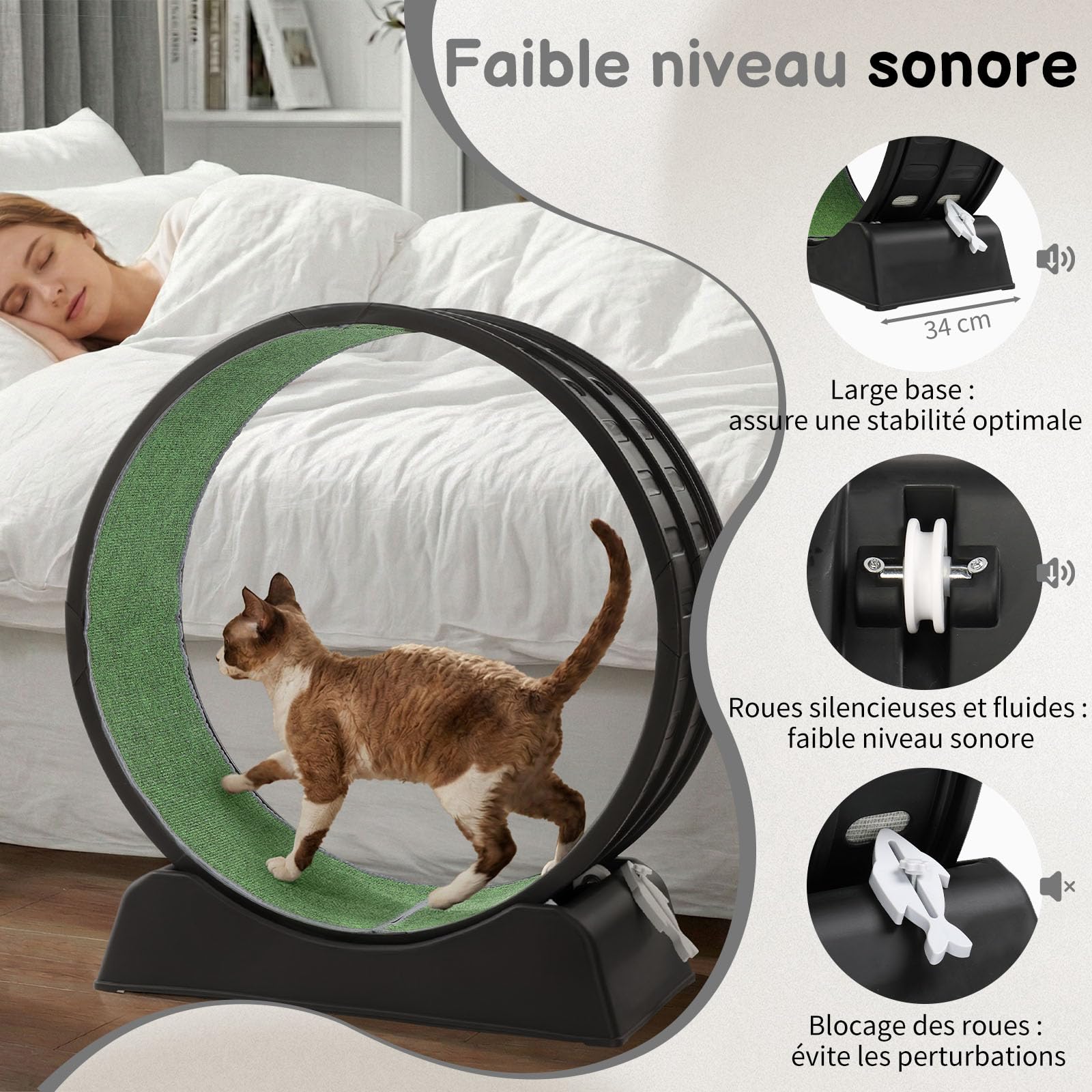 LEADZM Rueda de ejercicio para gato 80 cm - Rueda para gatos de hasta 15 kg - Conector de riel de plástico, resistente a los arañazos, estable y silencioso (Negro)