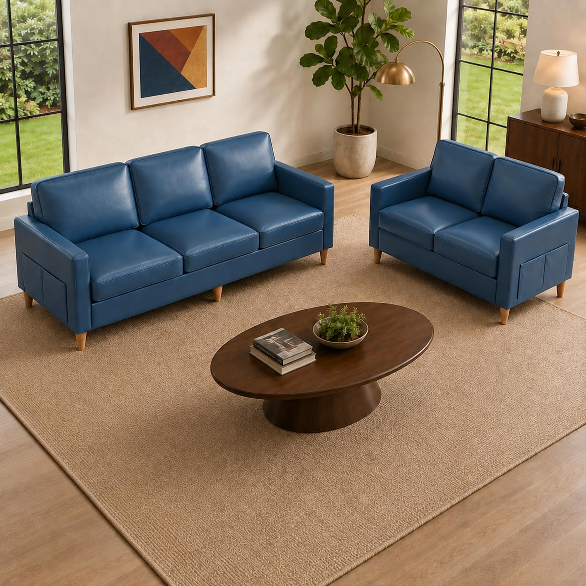 Kingfun Couch Set for Living Room, 3 Seater Faux Leather Sofa and Loveseat