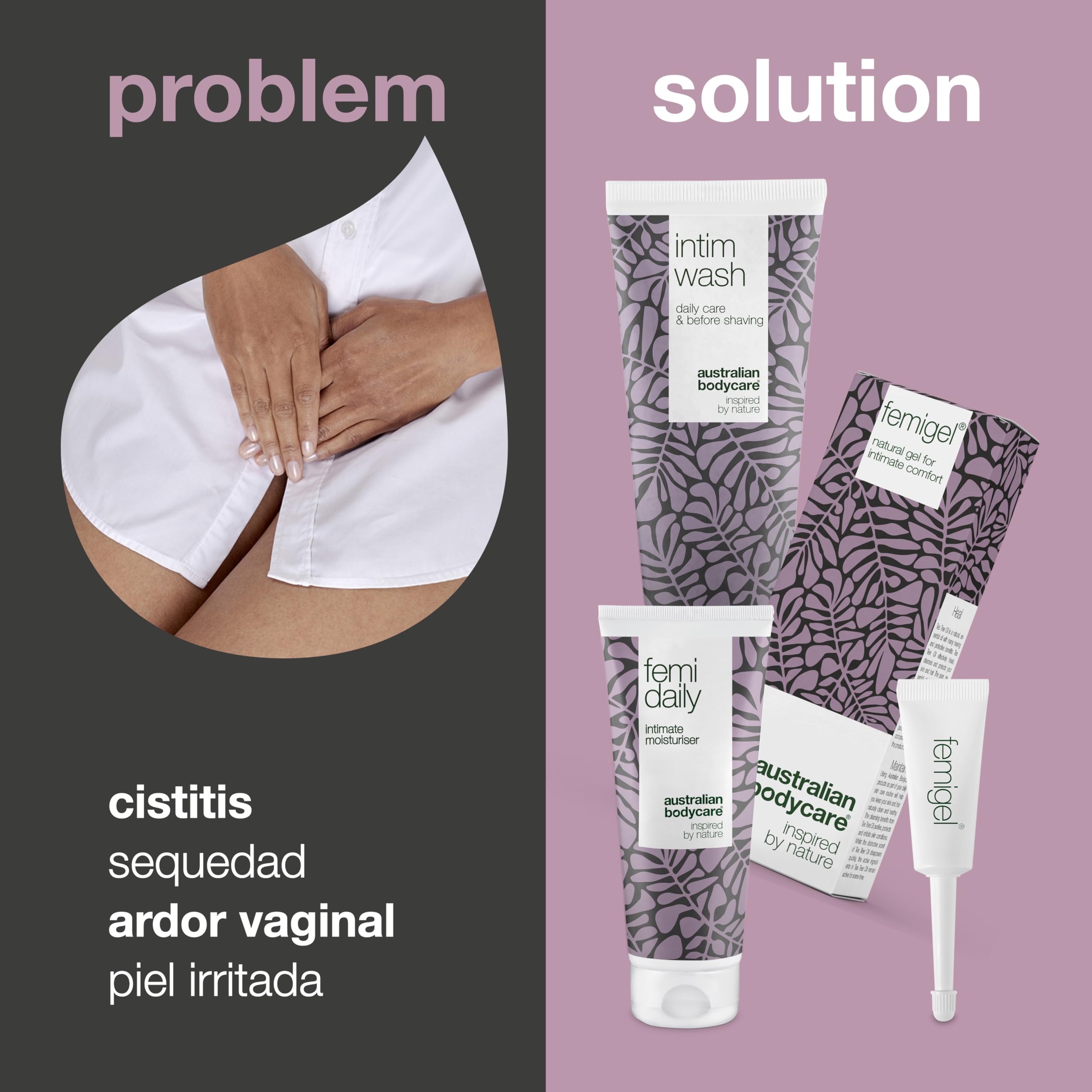 KIT de tratamiento íntimo: 3 productos para el cuidado íntimo | Reduce la sequedad, picazón y enrojecimiento | Contiene: Intim Wash 200 ml + Femi Daily 100 ml + Femigel 5x5 ml | Australian Bodycare