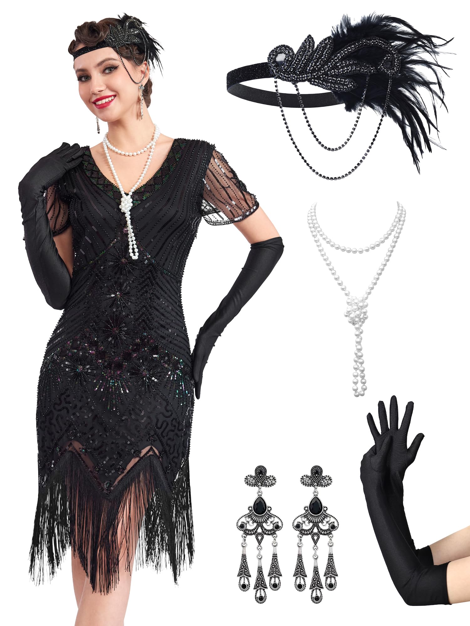 MTITE 1920s Flapper Dresses for Women, Great Gatsby Dresses Roaring 20s, Sheer Beaded Sleeves Costume with 20s accessories