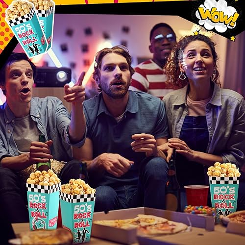 Miniatura 7 de Paquete de 24 cajas de palomitas de maíz Rock and Roll de los años 50, decoraciones de fiesta de los años 50, caja de aperitivos retro de los años