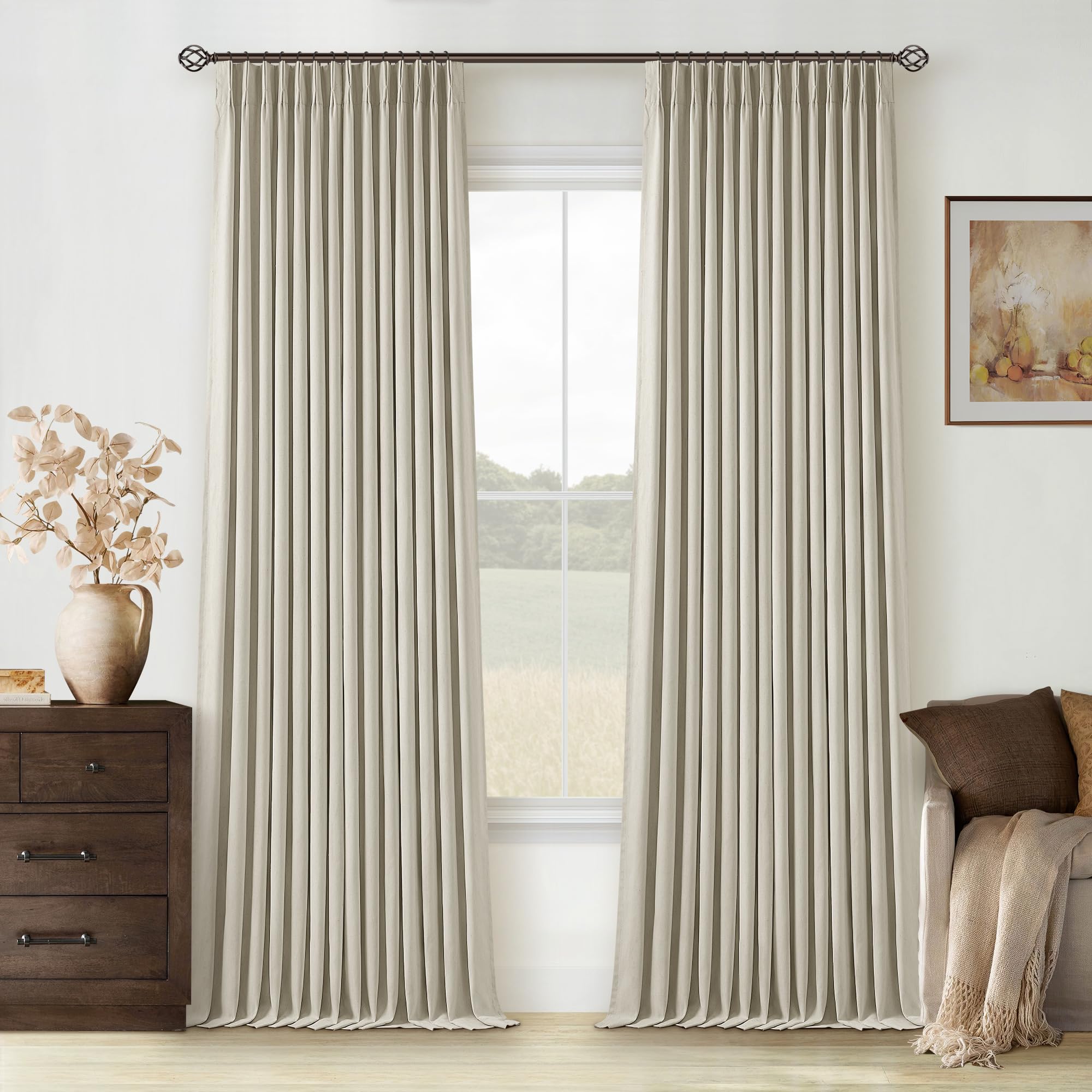 Photo 1 of *** Only one panel ***Light Beige Pinch Pleated 100% Blackout Linen Bedroom Curtains 96 Inch Length Double Layer Pleat Curtains Ring Hooks Back Tab Black Out Room Darkening Drapes 96 Inches Long Living Room Oatmeal