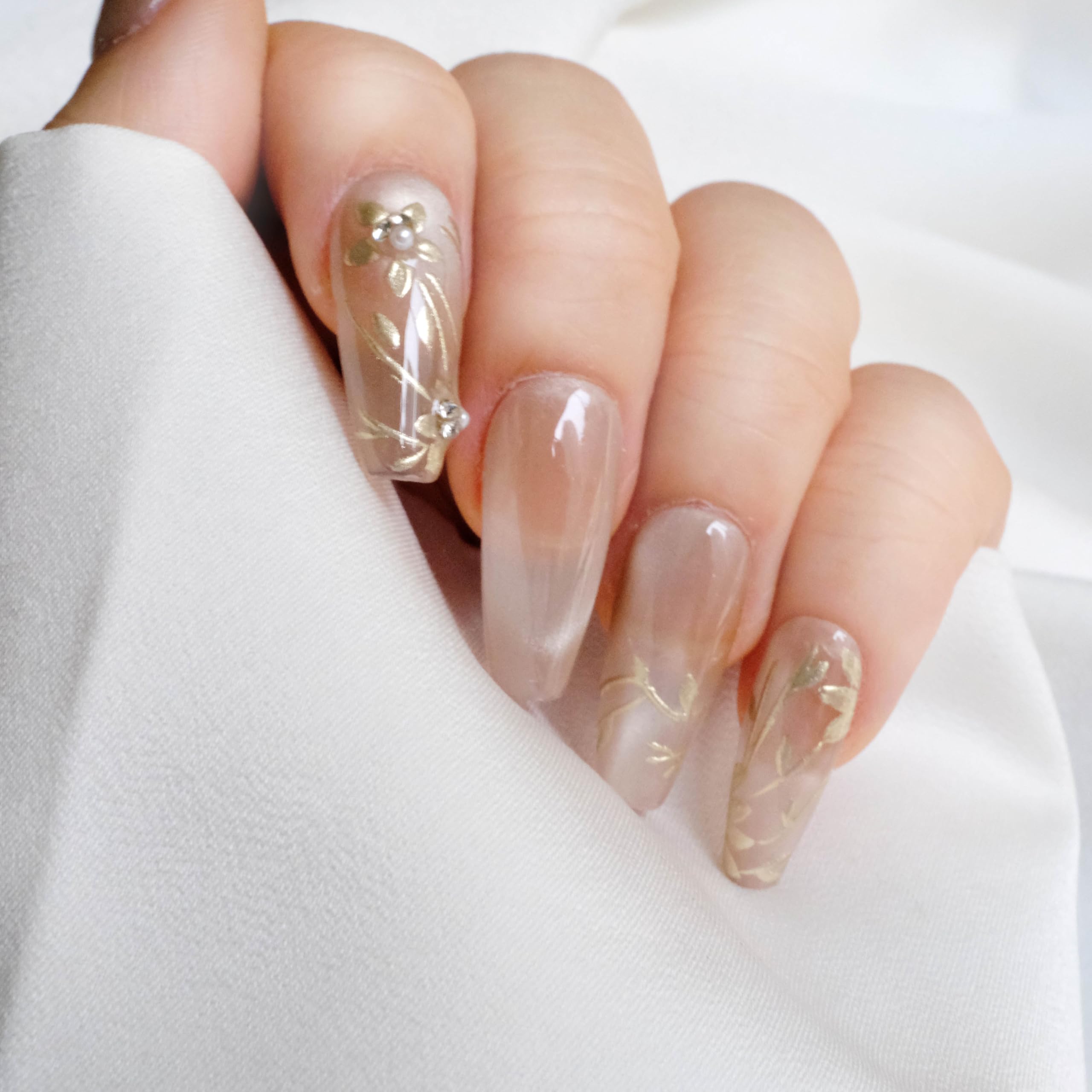 GLORS Nude Press-on Nails, Long Ballerina Shape, Gold Floral Design with Pearls, Handmade False Nail 10 Pieces (Medium,LB)