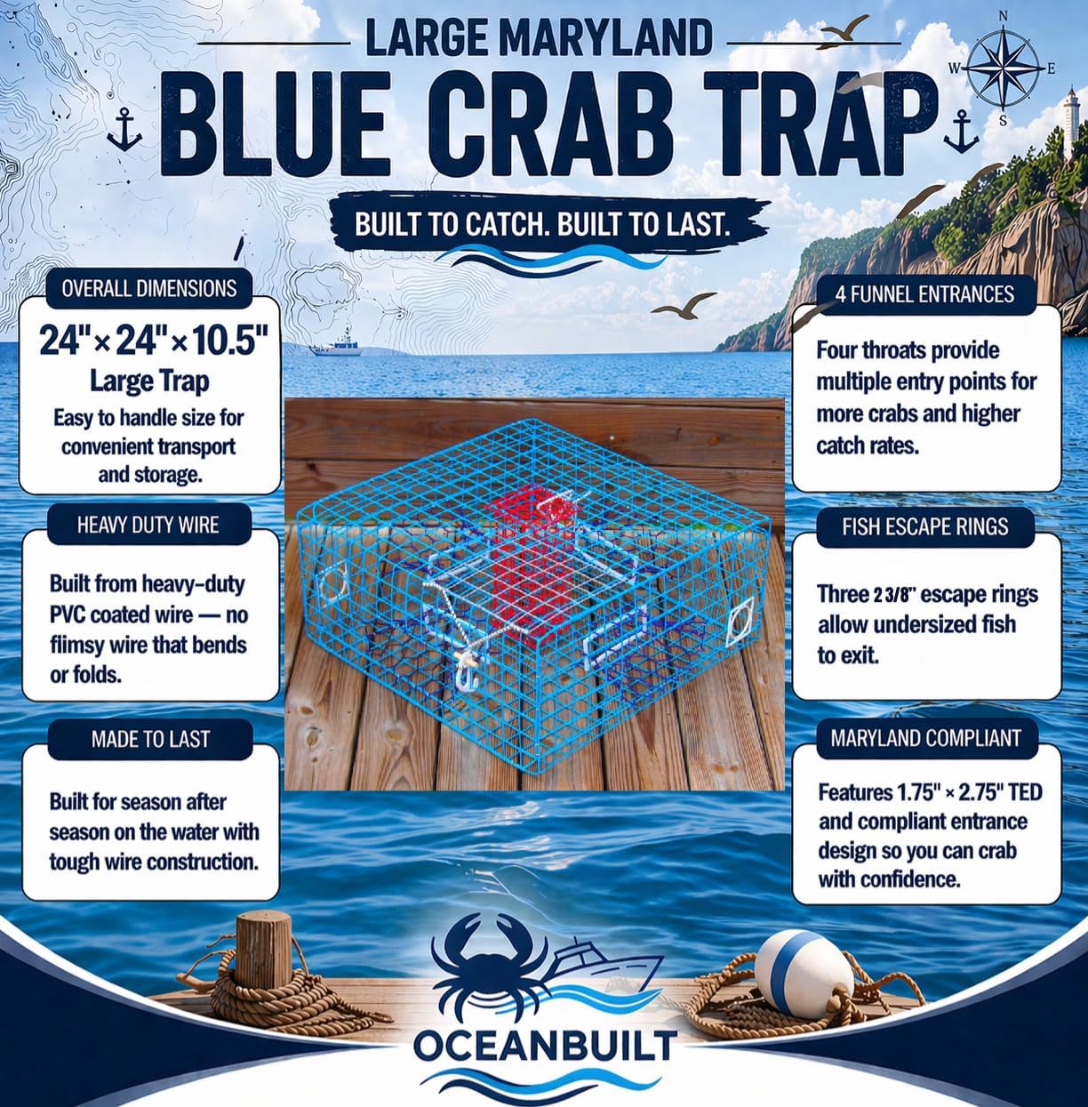 Maryland Blue Crab Pot – Recreational Saltwater Crab Pot Fishing Gear – PVC Coated Wire – Multiple Sizes with Optional Buoy Kit