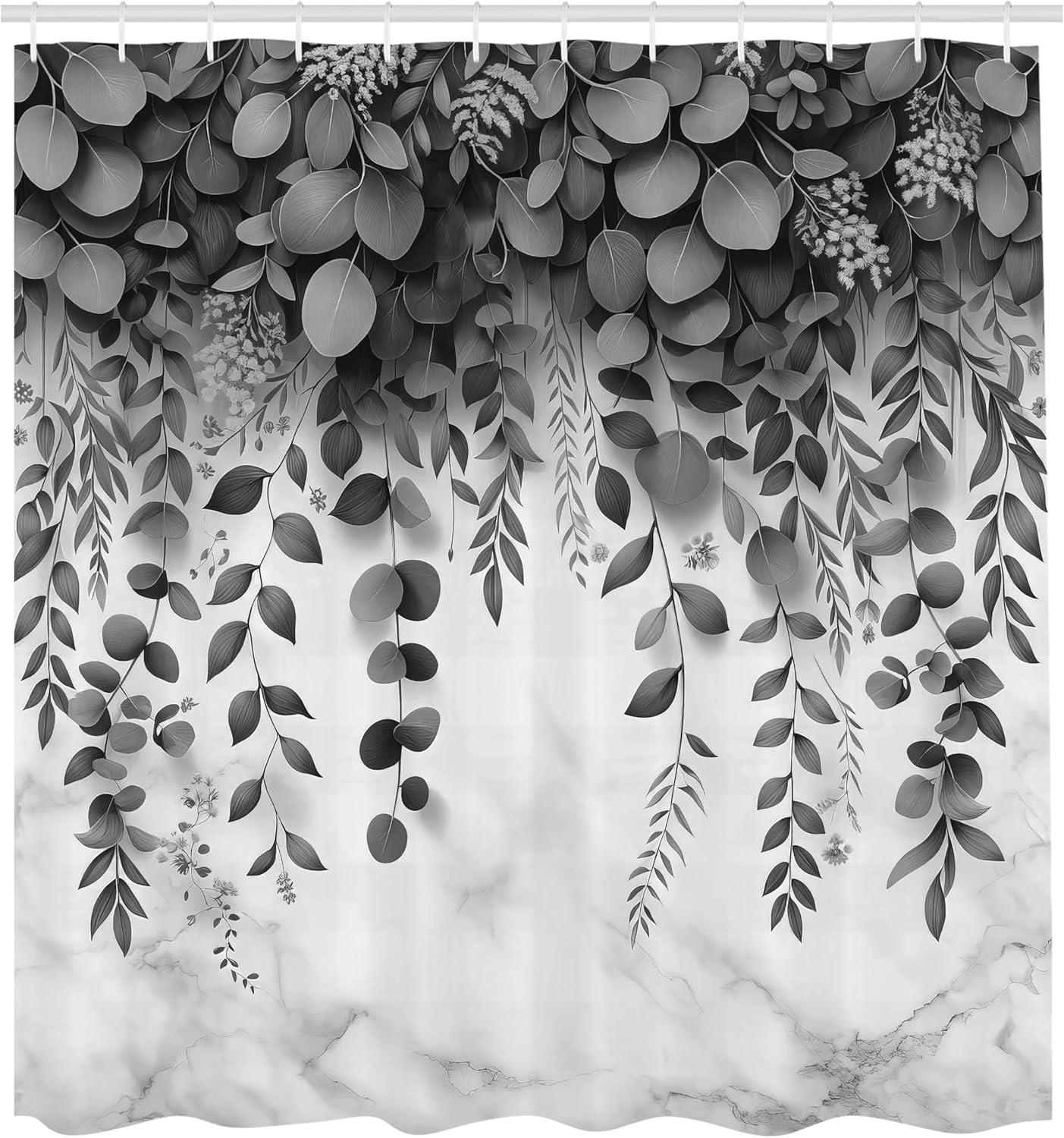 Ambesonne Black and White Shower Curtain, Achromatic Colored Design of Eucalyptus Leaves on Marble Print Back, Cloth Fabric Bathroom Decor Set with Hooks, 69" W x 84" L, Dimgray Coconut