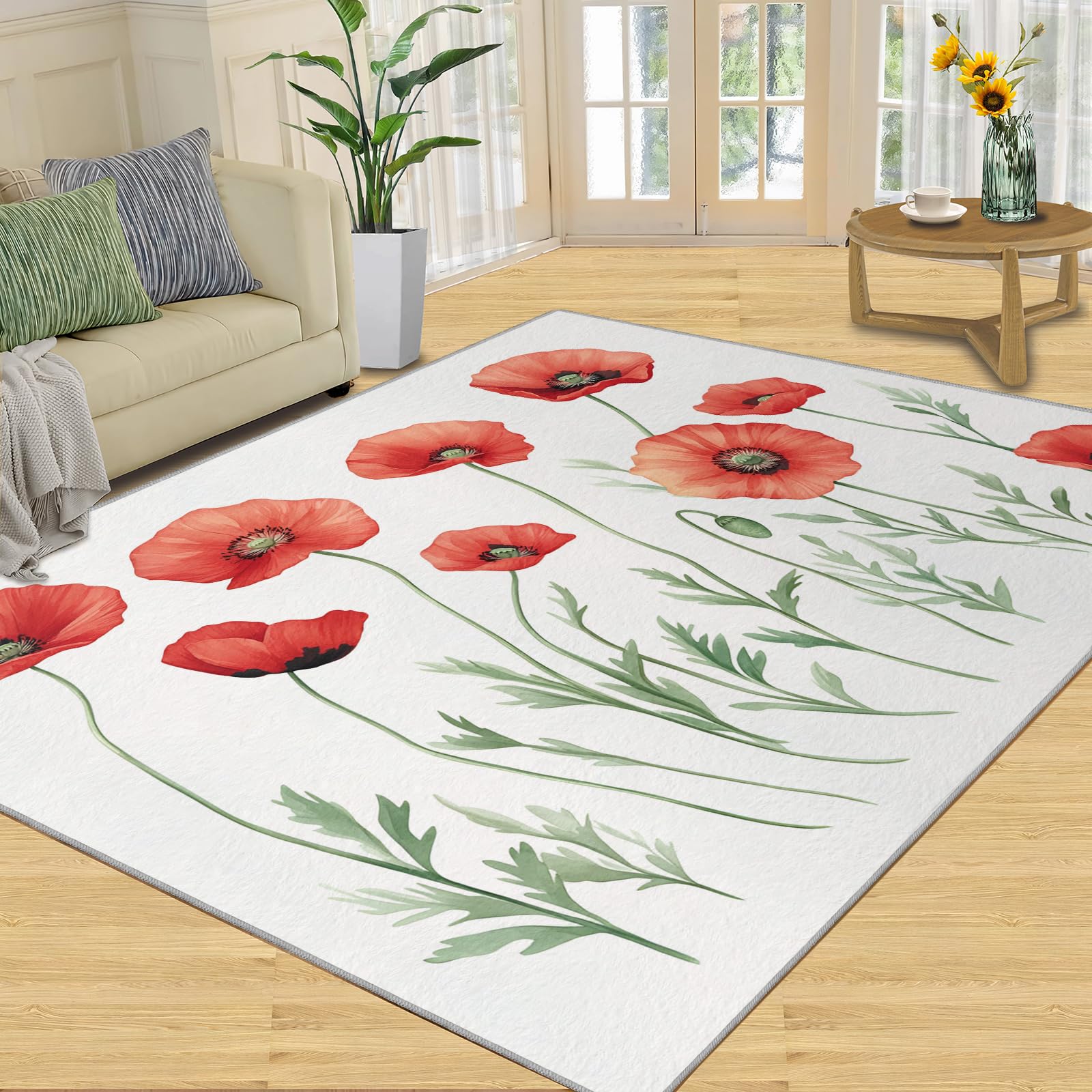 FBRUIEG Poppy Flowers Rugs for Bedroom, Laser Transparent Flowers Living Room Rug, Home Decor Area Rug for Kitchen Dining Room Decor Floor Mat 160x230cm