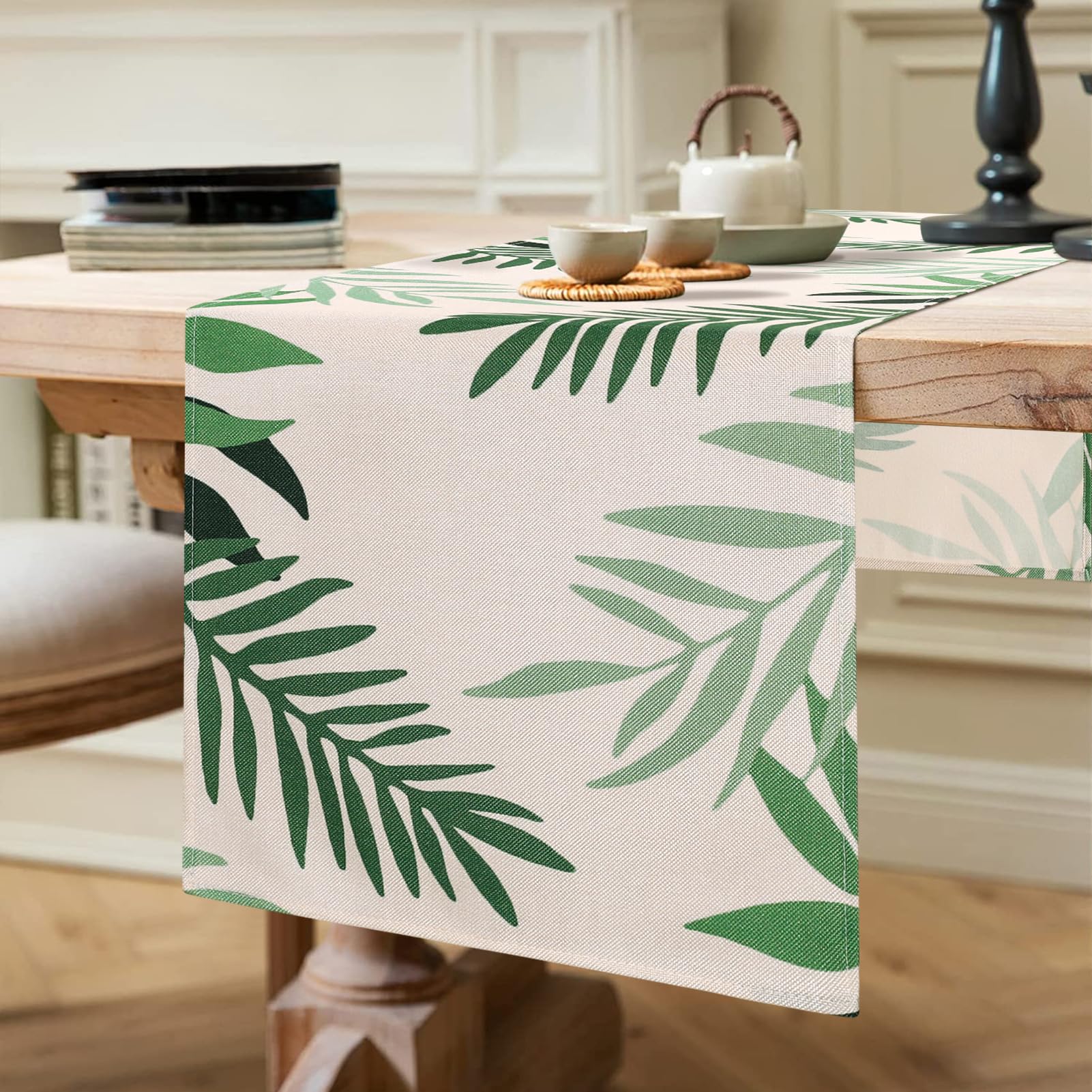 Camino de Mesa Moderna Camino de Mesa Poliéster Camino de Mesa Mantel Decorativo Verde Hojas Caminos de Mesa Mantel de Mesa para Decoración de Mesa Vacaciones Picnics al Aire Libre 33x183cm
