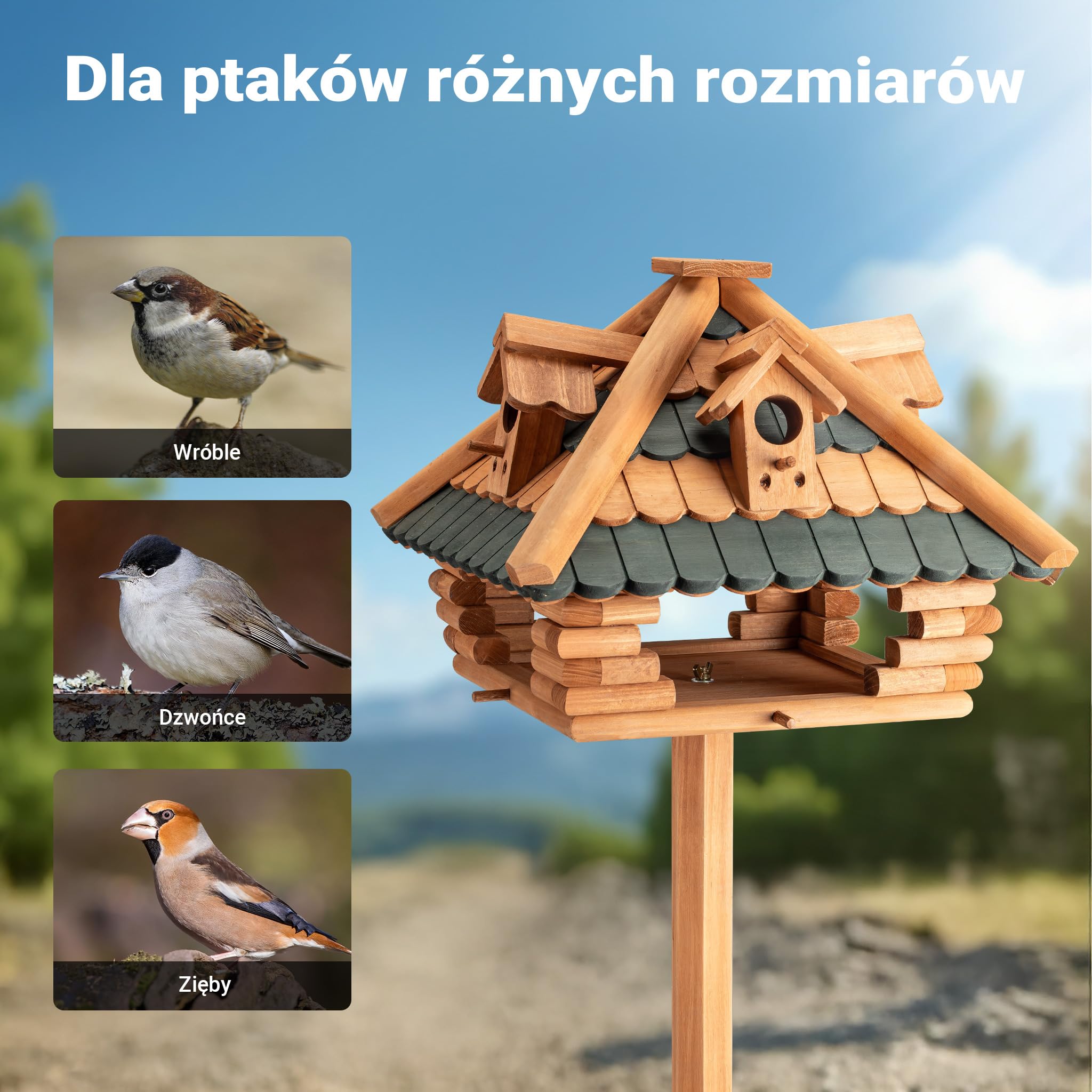Karmnik domek dla ptaszków ze stojakiem z drewna jodłowego 115cm dla dzikich ptaków z lukarnami