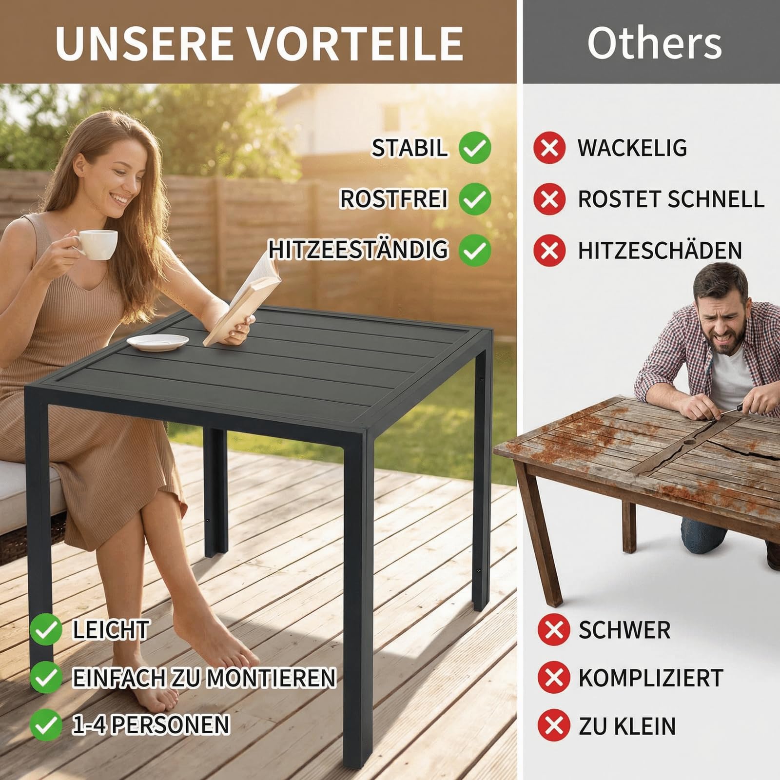 Aluminium WPC Tuintafel, 75x75 cm Vierkant Balkontafel, Weerbestendig