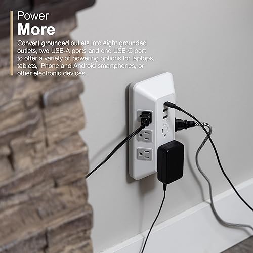 Miniatura 6 de GE Protector SurGE de 8 salidas con USB, extensor de salida, 2 USB-A, 1 USB-C, adaptador espaciado, enchufe múltiple, estación de carga, para la
