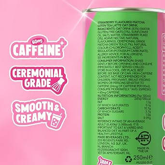 PerfectTed Strawberry Matcha Latte RTD, Ceremonial Grade Matcha, 12 x 250ml Cans, Ready-to-Drink with Gluten-Free Oats | Smooth & Creamy | Dairy-Free | Vegan (12 Pack, Strawberry)